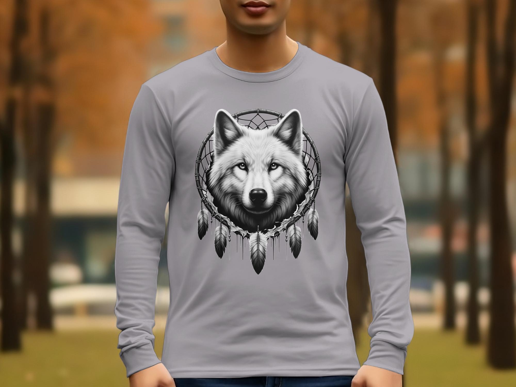 Dreamcatcher Wolf - Coloured Gildan Long Sleeve Realistic Native American Talisman Unisex Mythology Tee Graphic Design