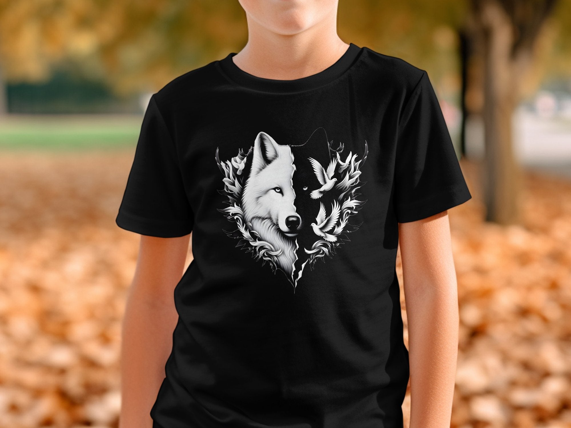 Wolf x Doves - Black White Gildan Kids T-Shirt Realistic Animal Talisman Unisex Tee Graphic Design