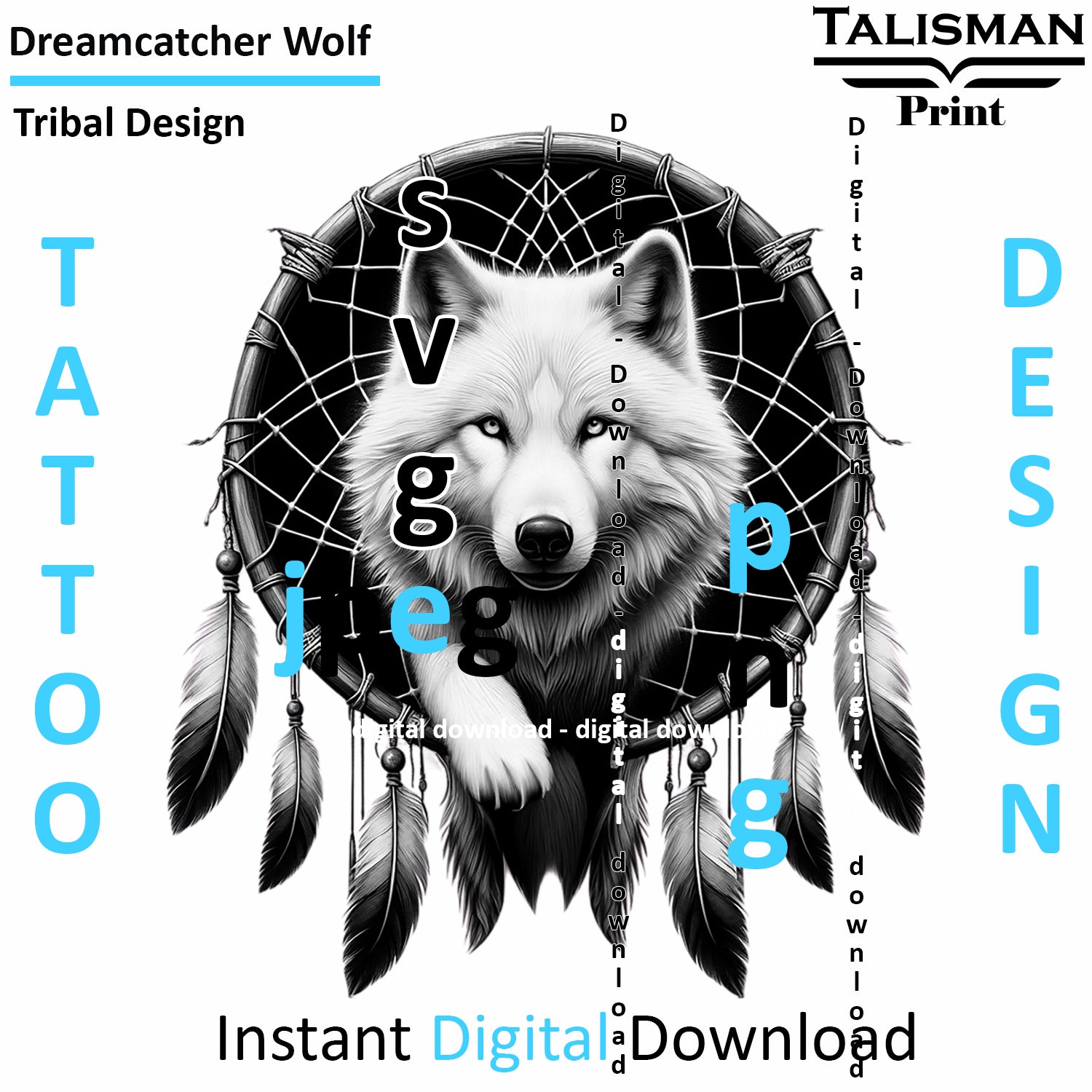 Dreamcatcher Wolf - Digital Art | PNG, JPEG & SVG | Instant Download for Apparel, Décor and Wall Art