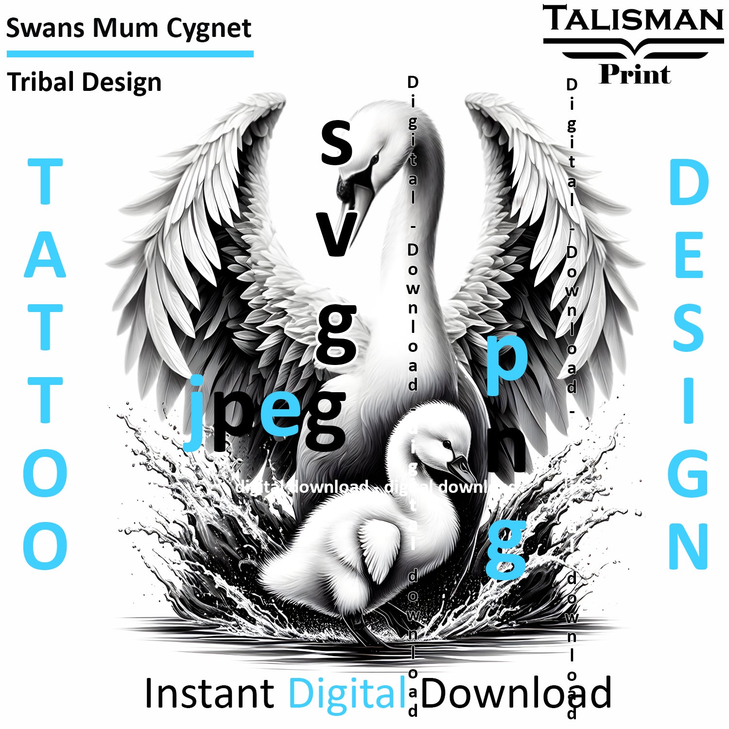 Swan and Cygnet - Digital Art | PNG, JPEG & SVG | Instant Download for Apparel, Décor and Wall Art