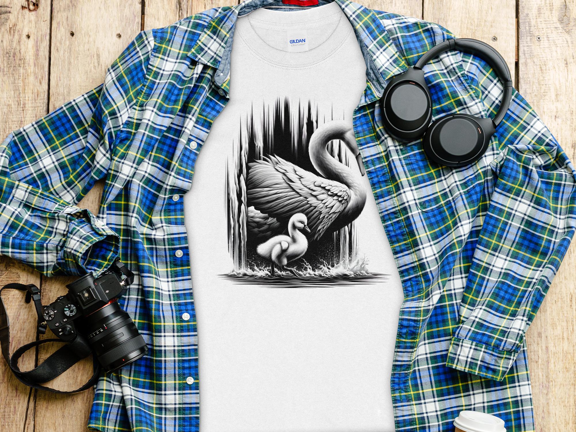 Swan & Cygnet- Black White Gildan Long Sleeve Realistic Family Talisman Unisex Tee Graphic Design