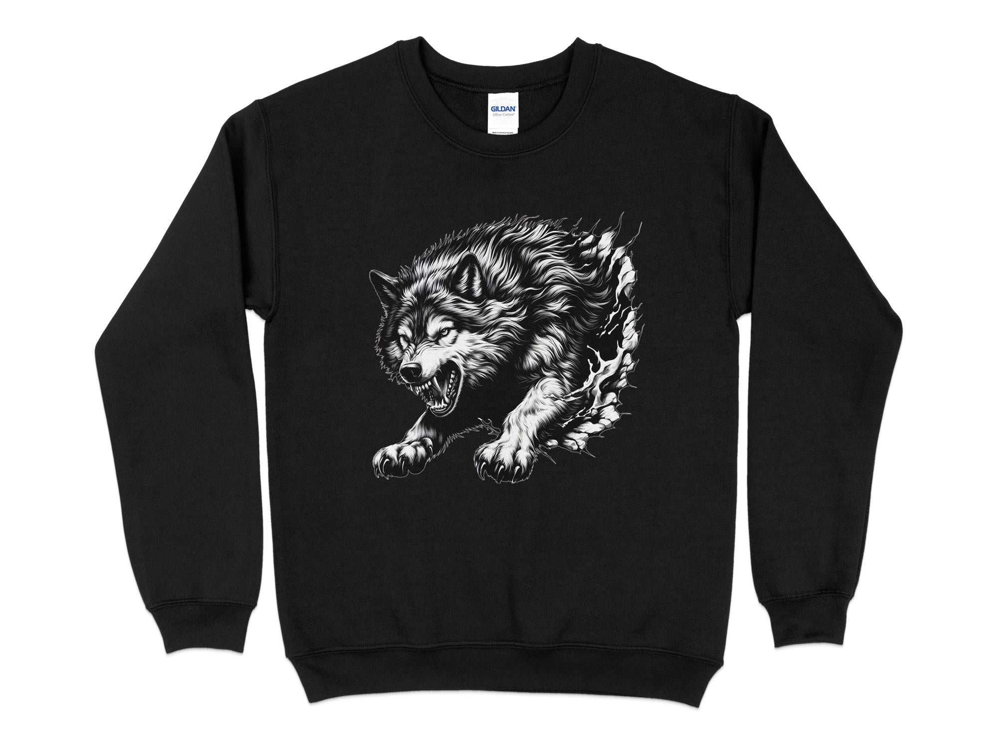 Wolf Tribal - Black White Gildan Sweatshirt Realistic Animal Talisman Unisex Tee Graphic Design