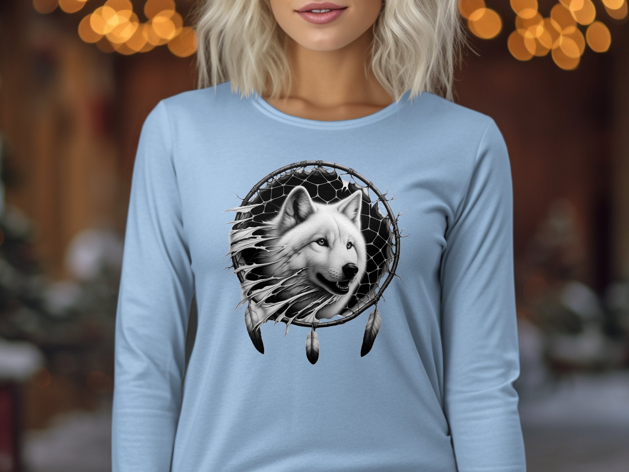 Dreamcatcher Wolf - Coloured Gildan Long Sleeve Realistic Native American Talisman Unisex Mythology Tee Graphic Design