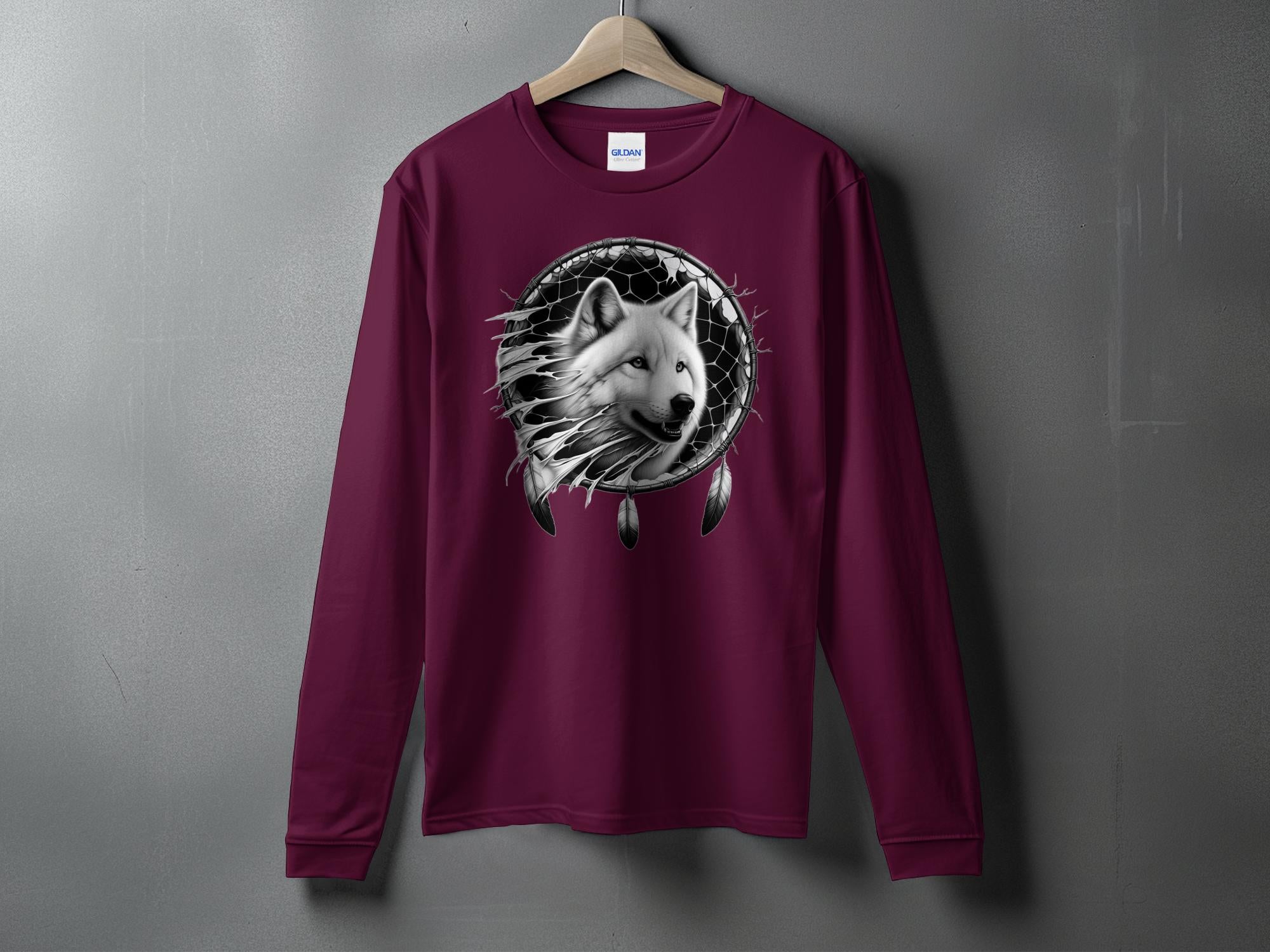 Dreamcatcher Wolf - Coloured Gildan Long Sleeve Realistic Native American Talisman Unisex Mythology Tee Graphic Design