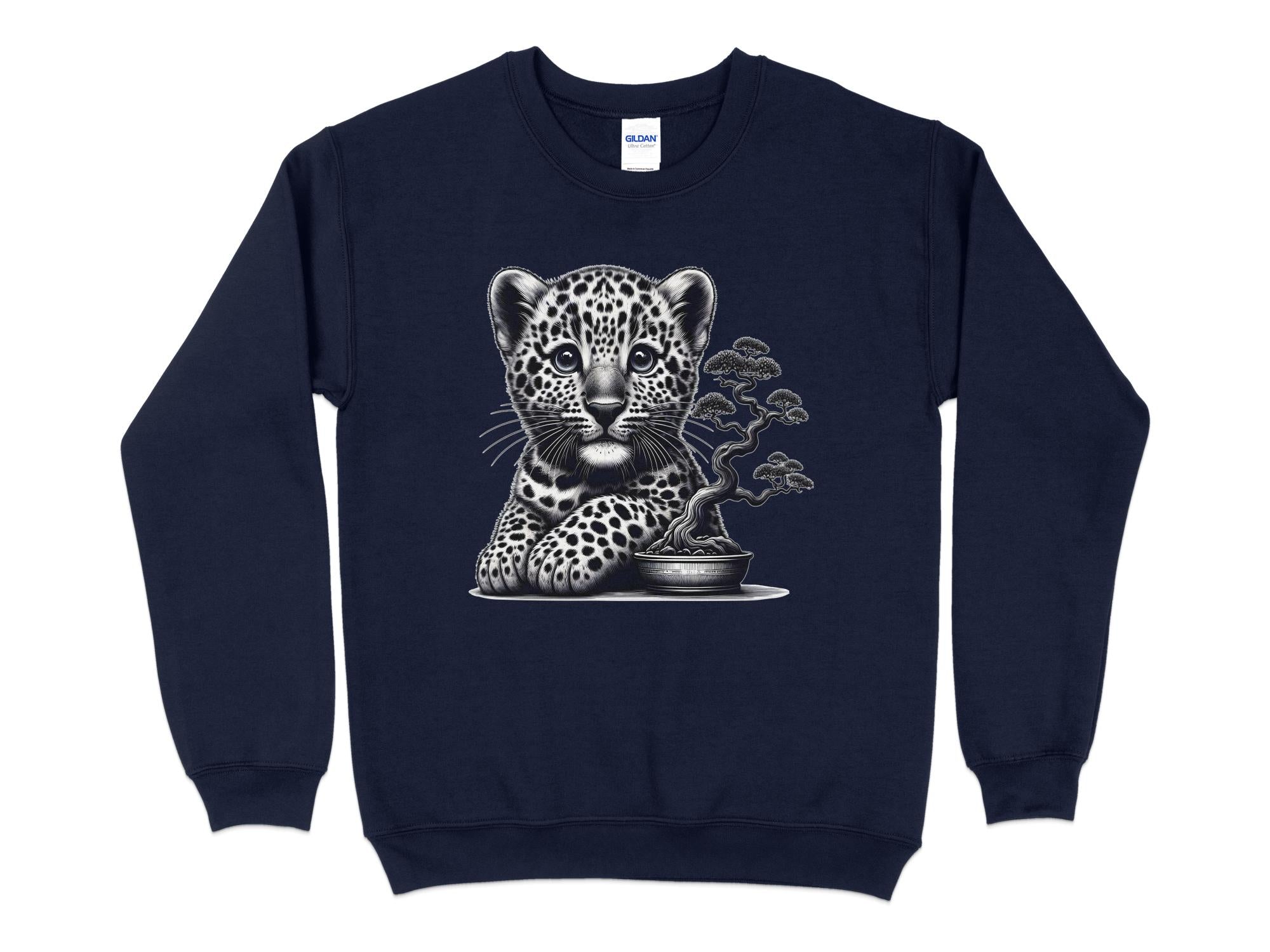 Leopard Bonsai - Coloured Gildan Sweatshirt Realistic Animal Talisman Unisex Cute Tee Graphic Design