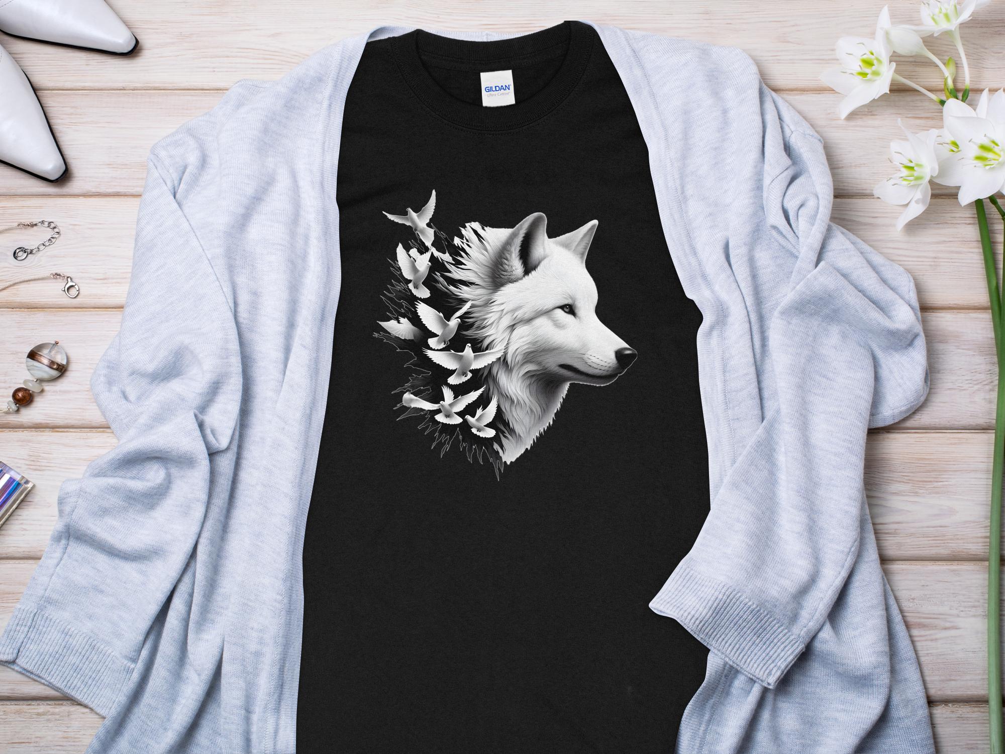 Wolf x Doves - Black White Gildan Long Sleeve Realistic Animal Talisman Unisex Tee Graphic Design