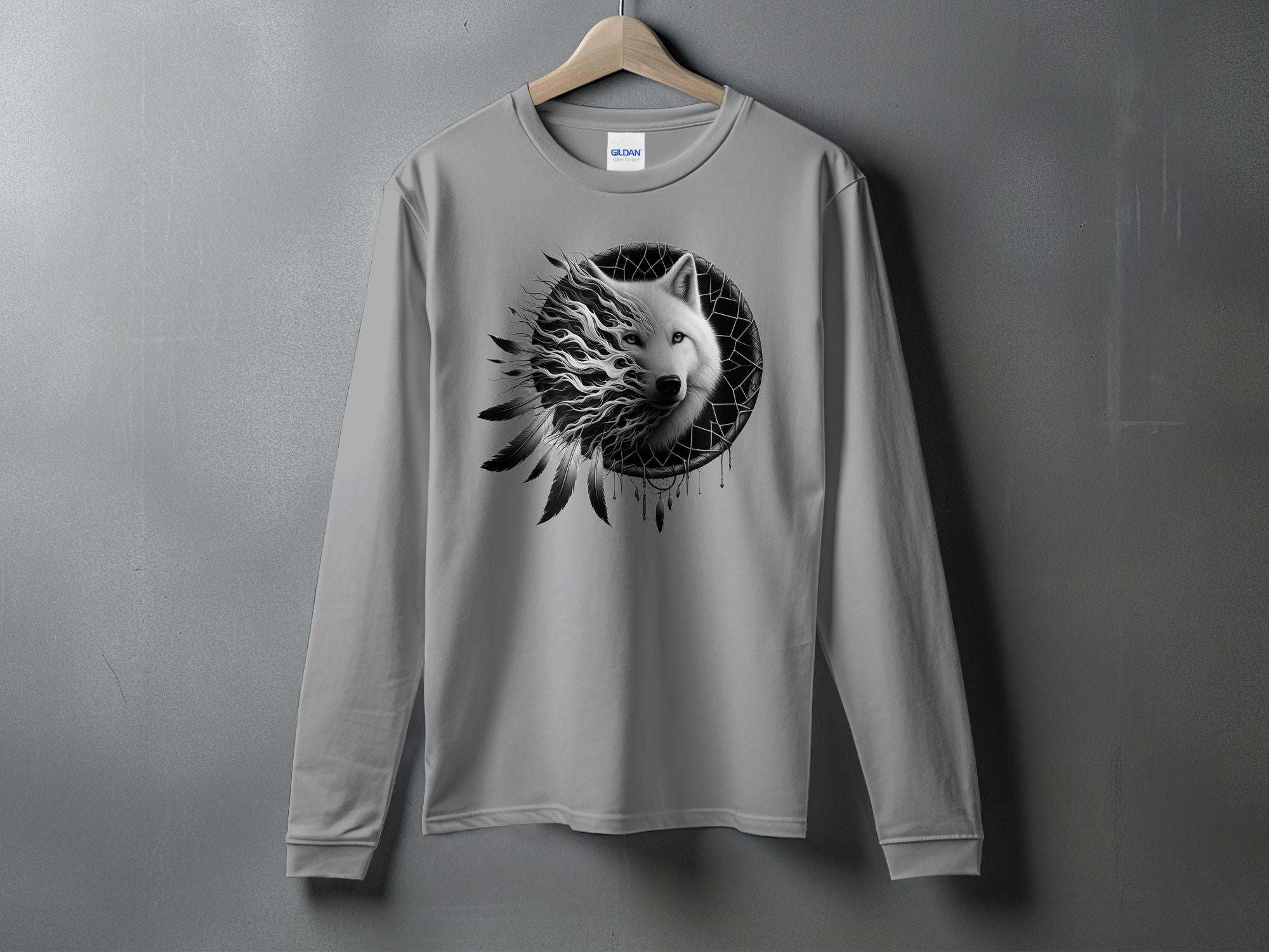 Dreamcatcher Wolf - Coloured Gildan Long Sleeve Realistic Native American Talisman Unisex Mythology Tee Graphic Design