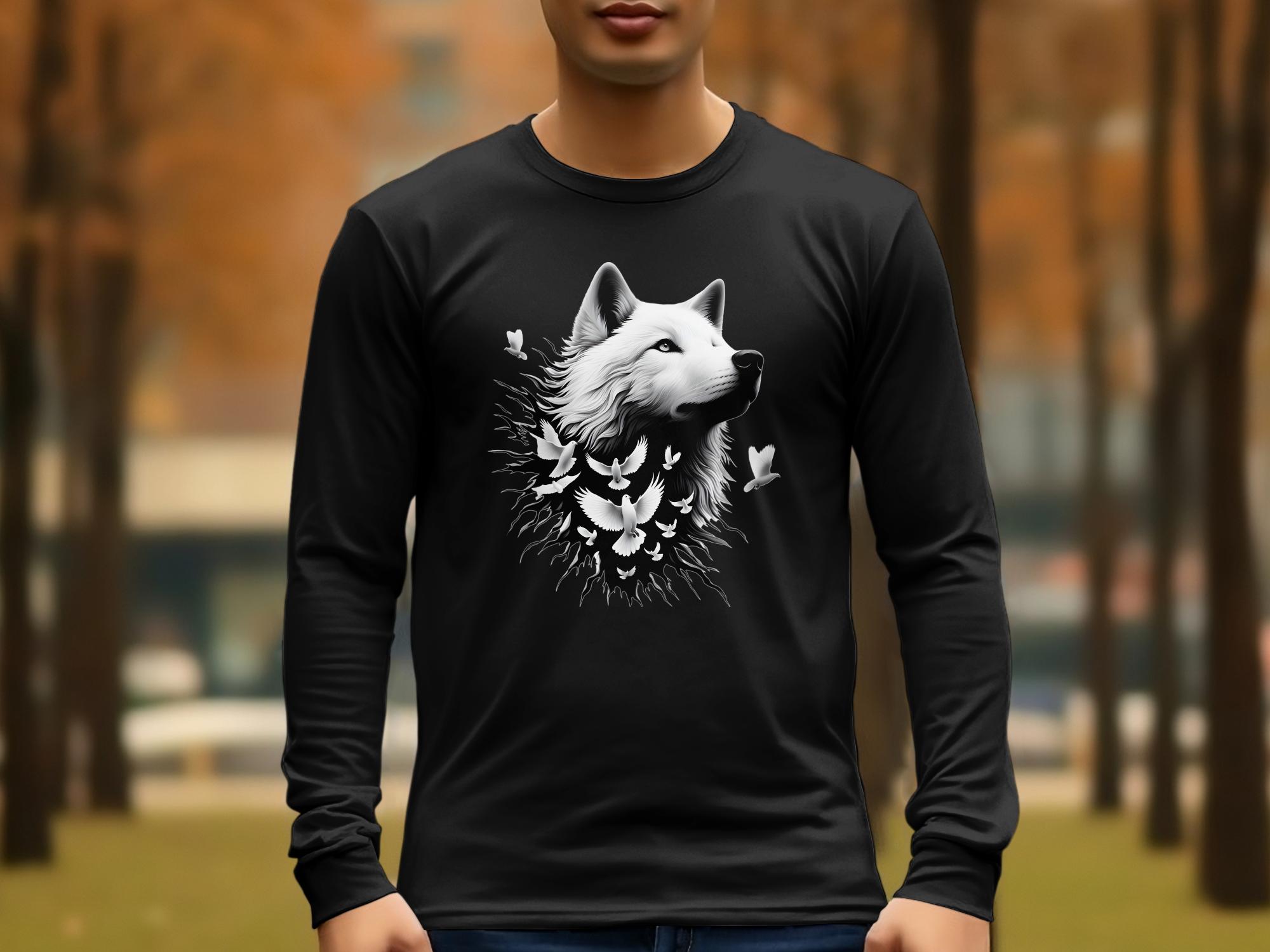 Wolf x Doves - Black White Gildan Long Sleeve Realistic Animal Talisman Unisex Tee Graphic Design