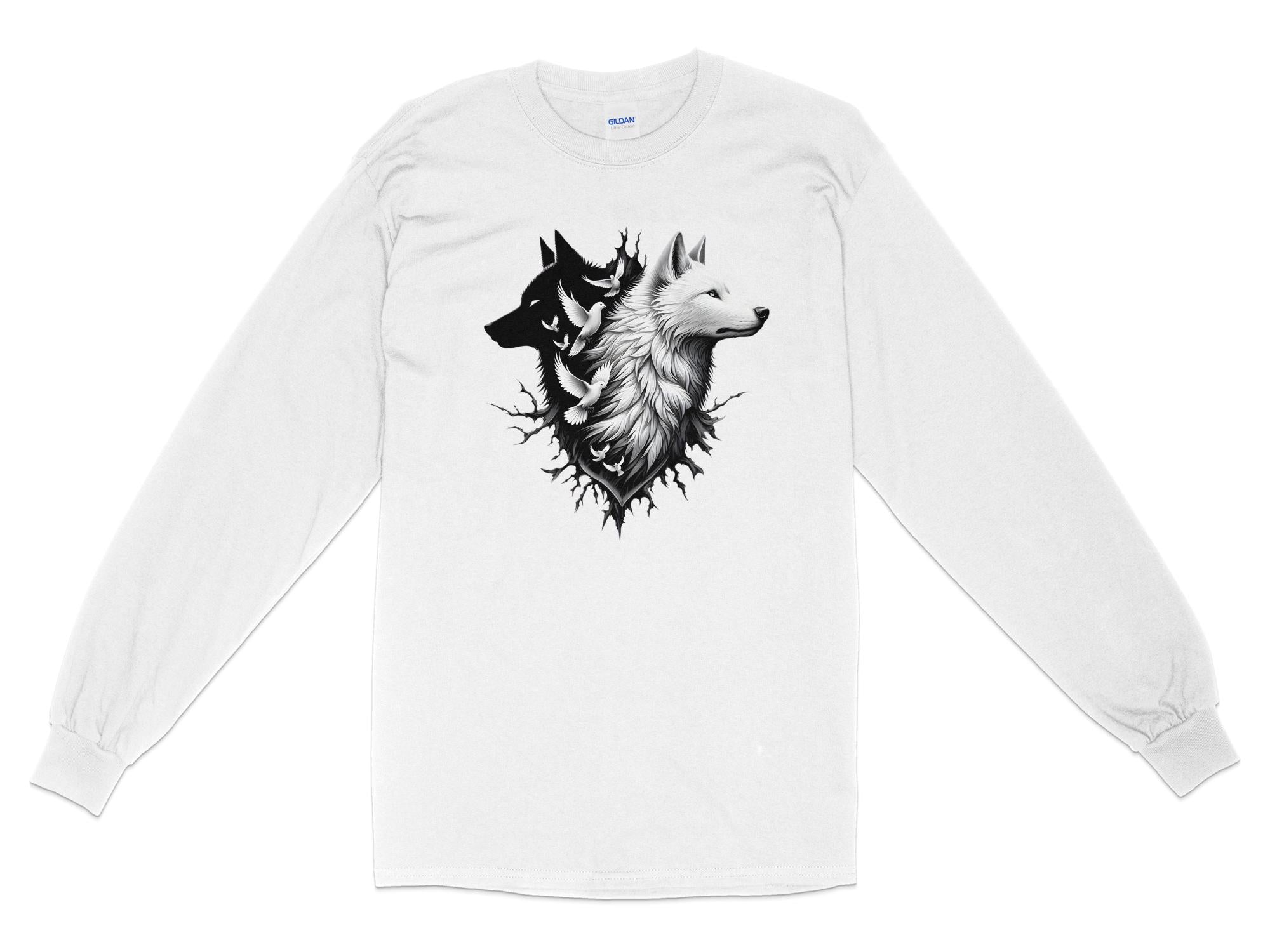 Wolf x Doves - Black White Gildan Long Sleeve Realistic Animal Talisman Unisex Tee Graphic Design