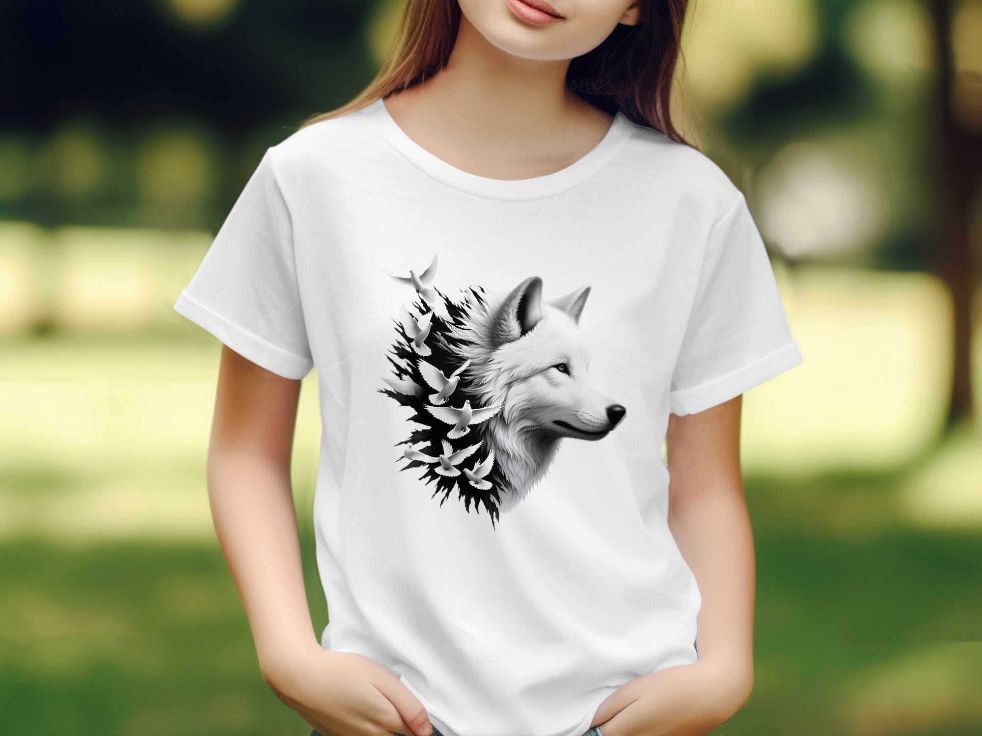 Wolf x Doves - Black White Gildan Kids T-Shirt Realistic Animal Talisman Unisex Tee Graphic Design