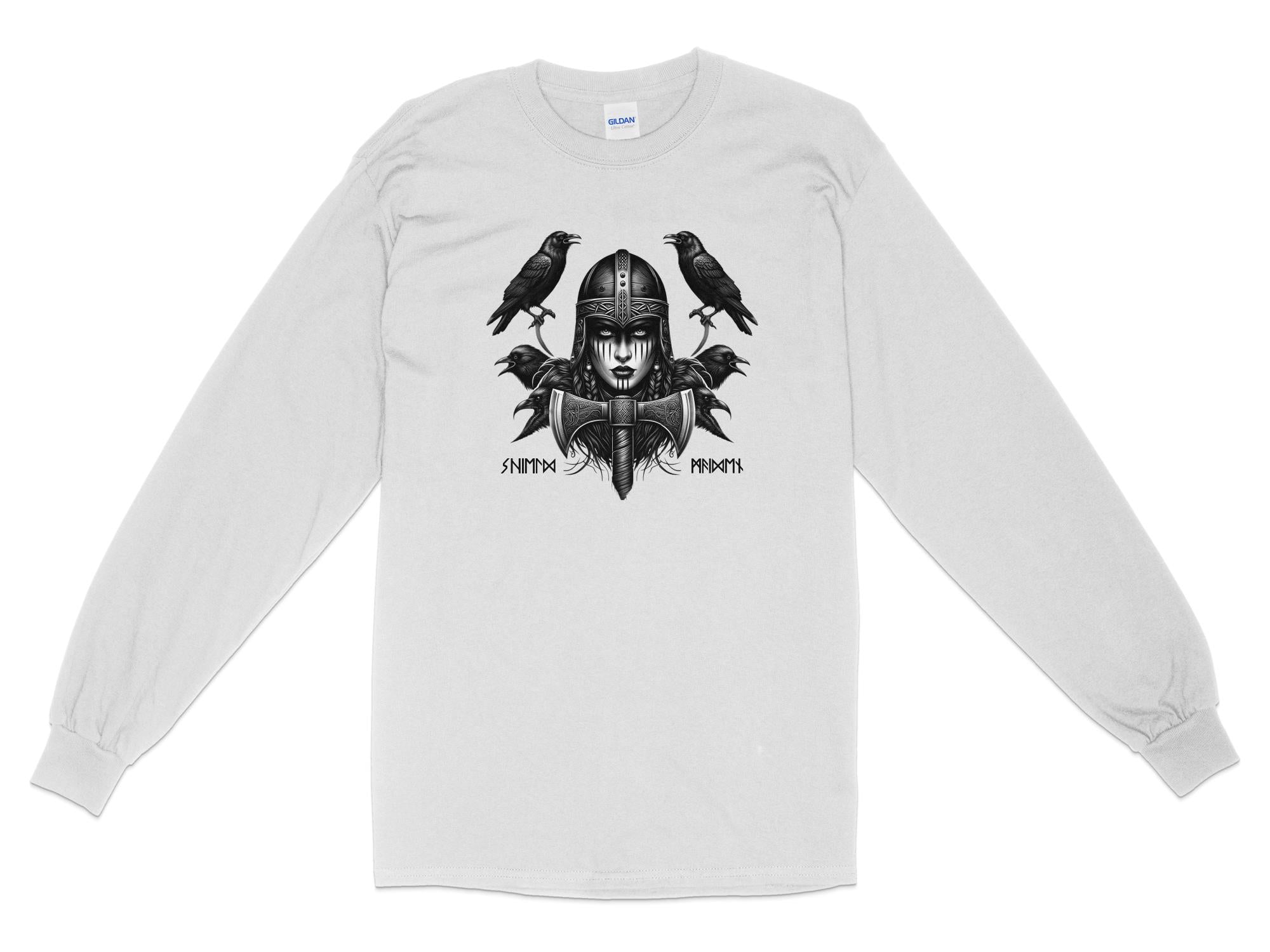 Viking Shield Maiden - Coloured Gildan Long Sleeve Realistic Norse Talisman Men Women Unisex Valhalla Tee Graphic Design