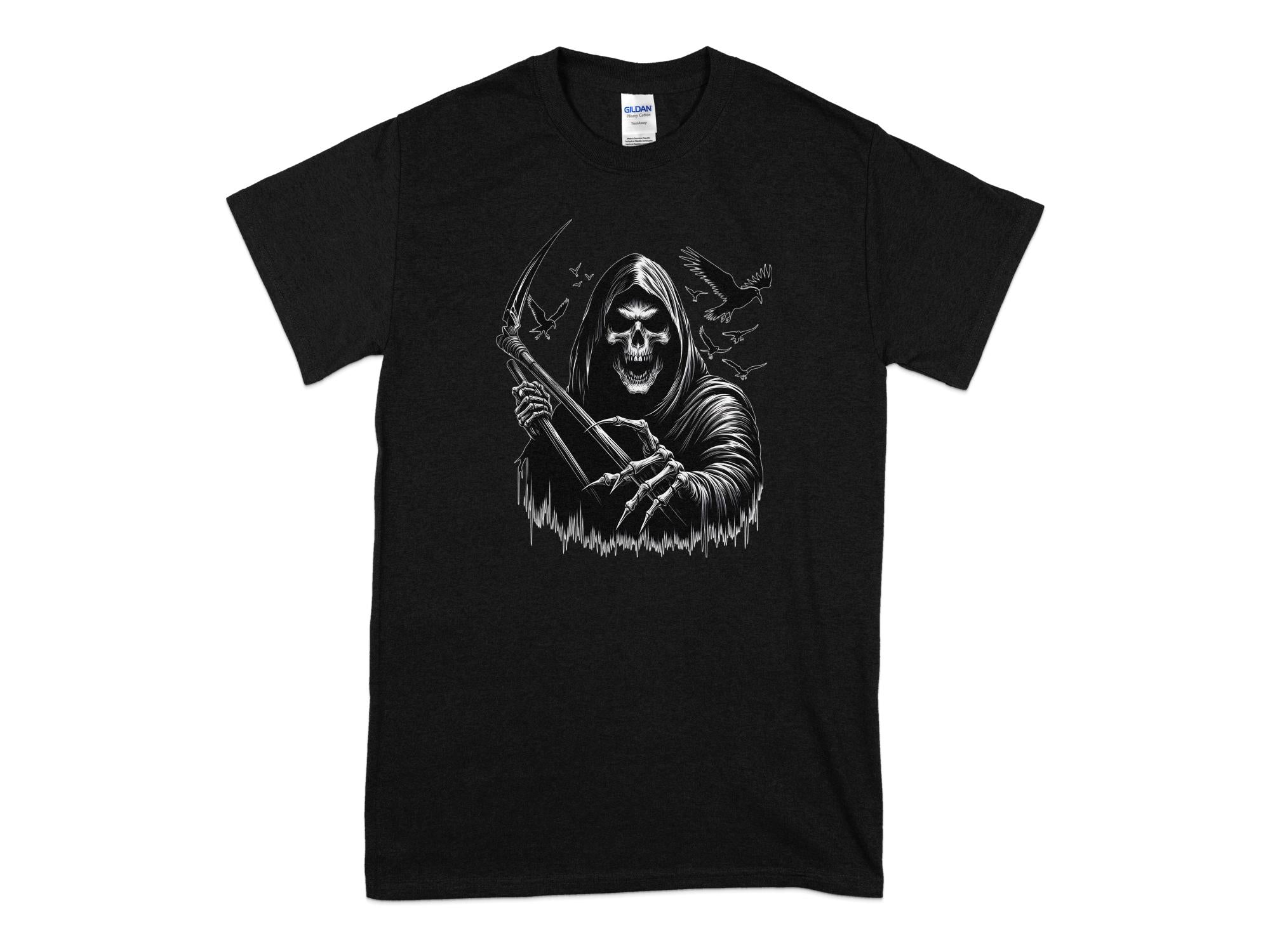 Grim Reaper - Black White Gildan T-Shirt Commemorative Talisman Unisex Tee Graphic Design