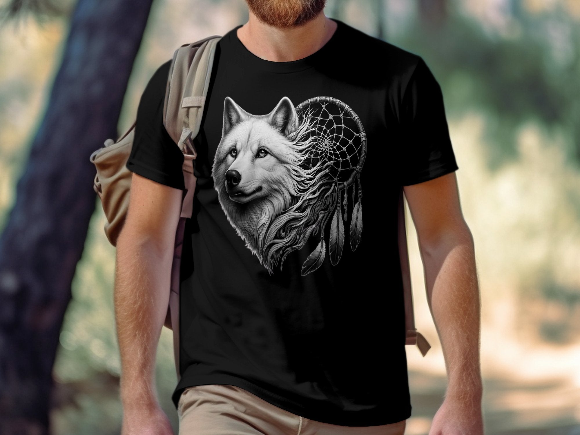 Dreamcatcher Wolf - Coloured Gildan T-Shirt Realistic Native American Talisman Unisex Mythology Tee Graphic Design