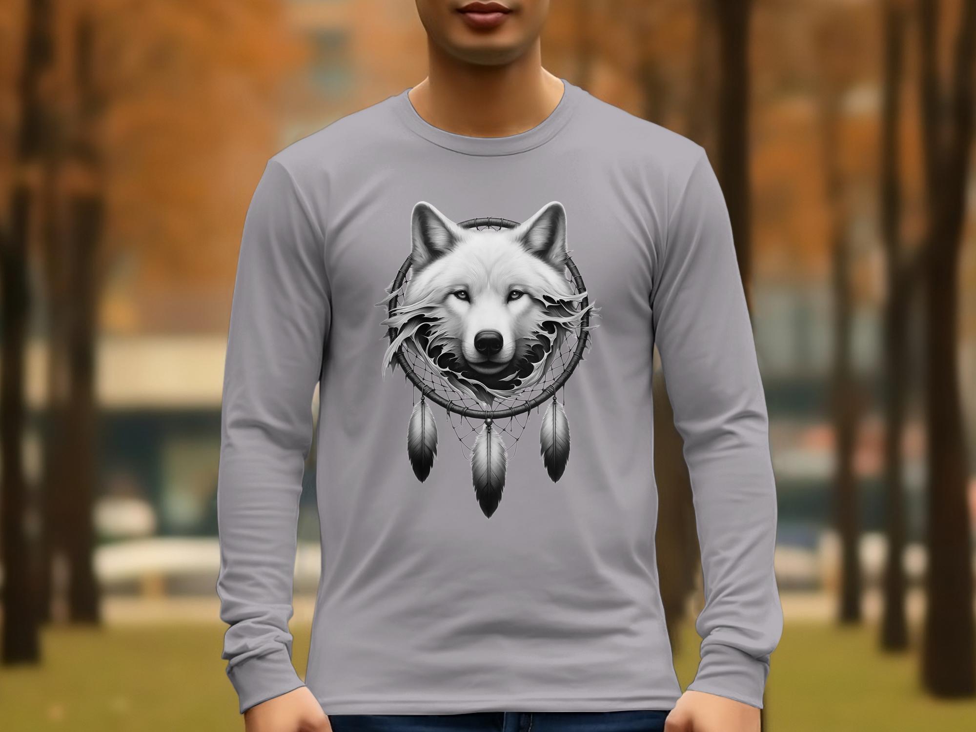 Dreamcatcher Wolf - Coloured Gildan Long Sleeve Realistic Native American Talisman Unisex Mythology Tee Graphic Design