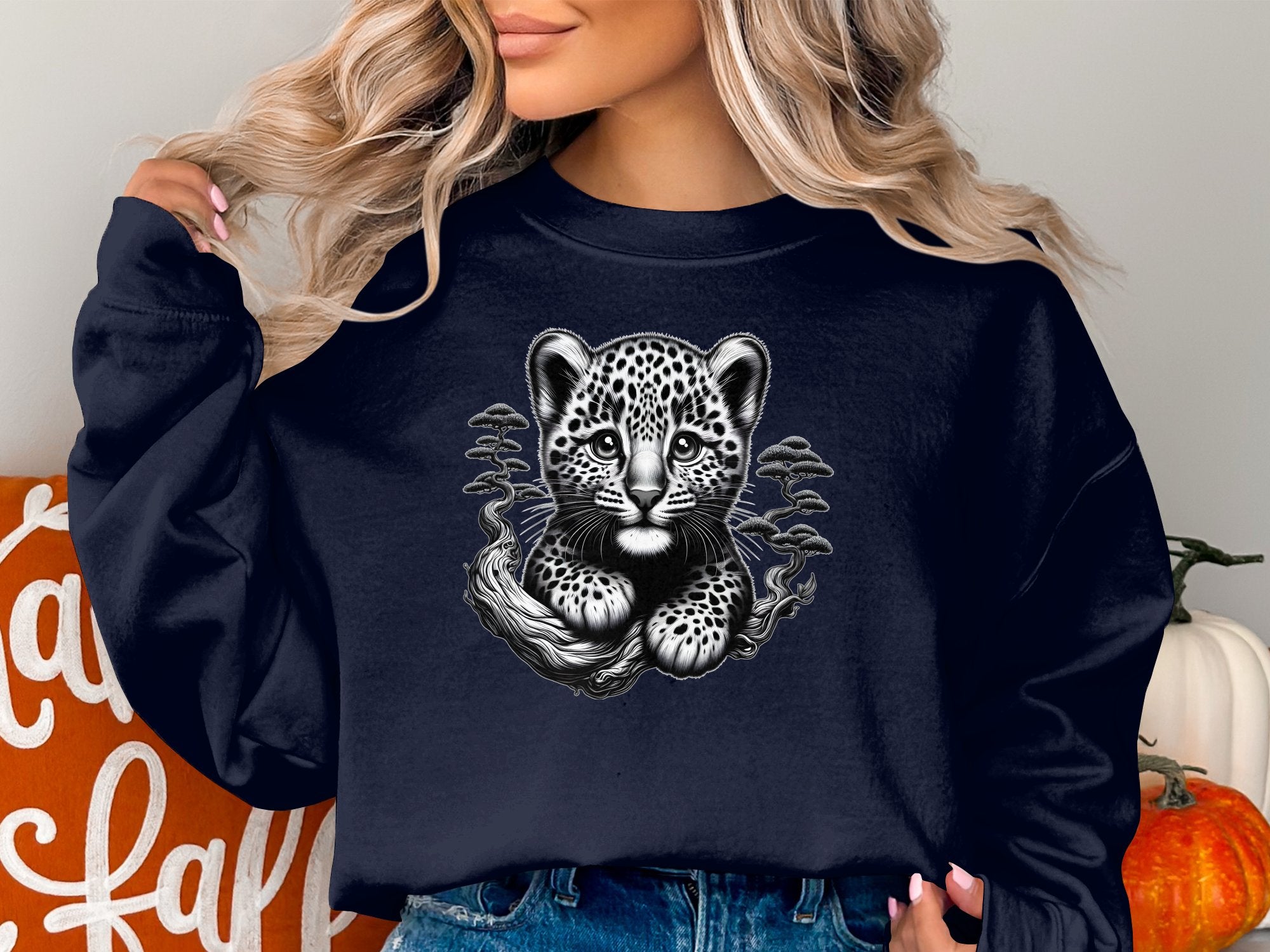 Leopard Bonsai - Coloured Gildan Sweatshirt Realistic Animal Talisman Unisex Cute Tee Graphic Design