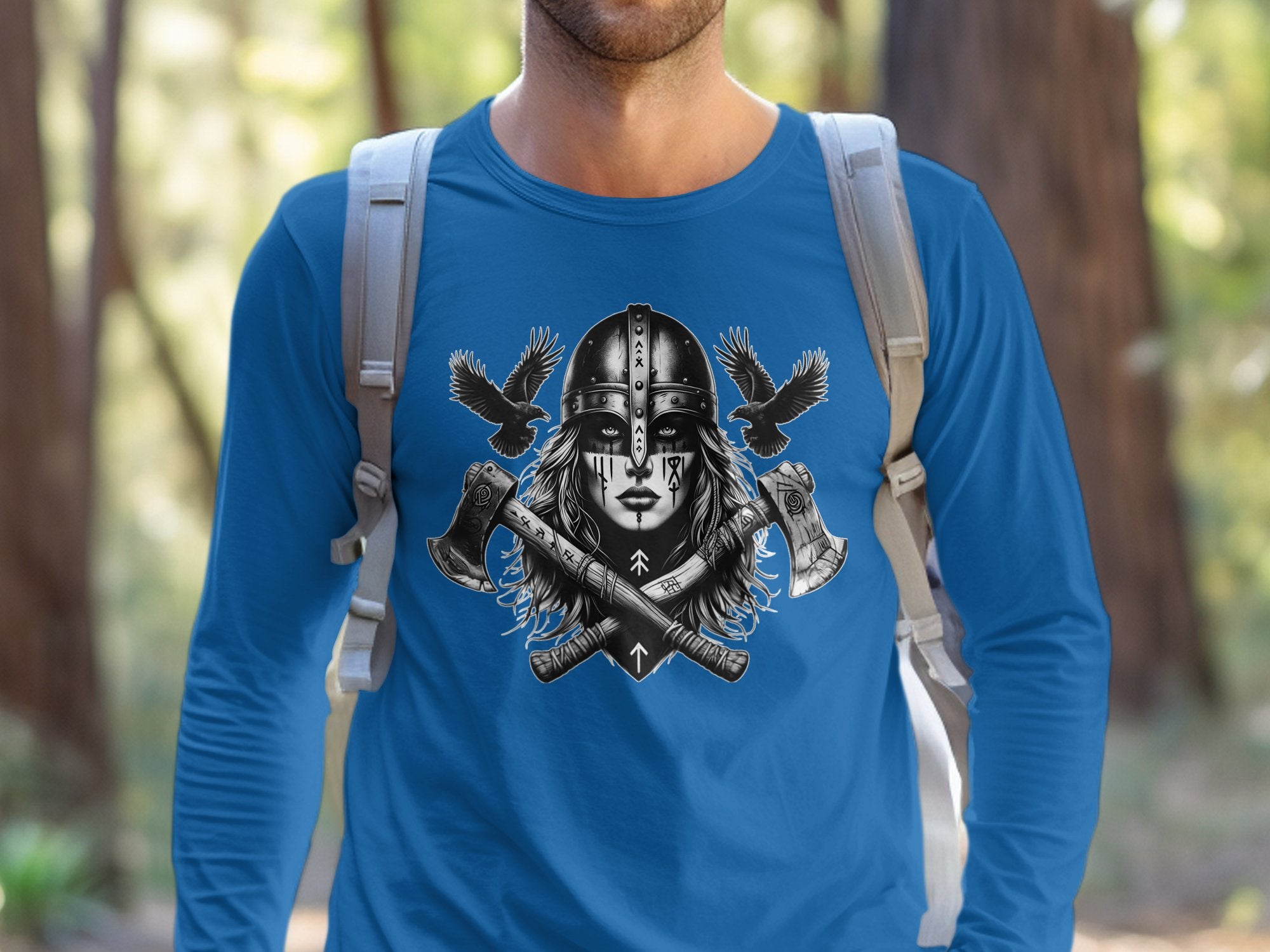 Viking Shield Maiden - Coloured Gildan Long Sleeve Realistic Norse Talisman Men Women Unisex Valhalla Tee Graphic Design