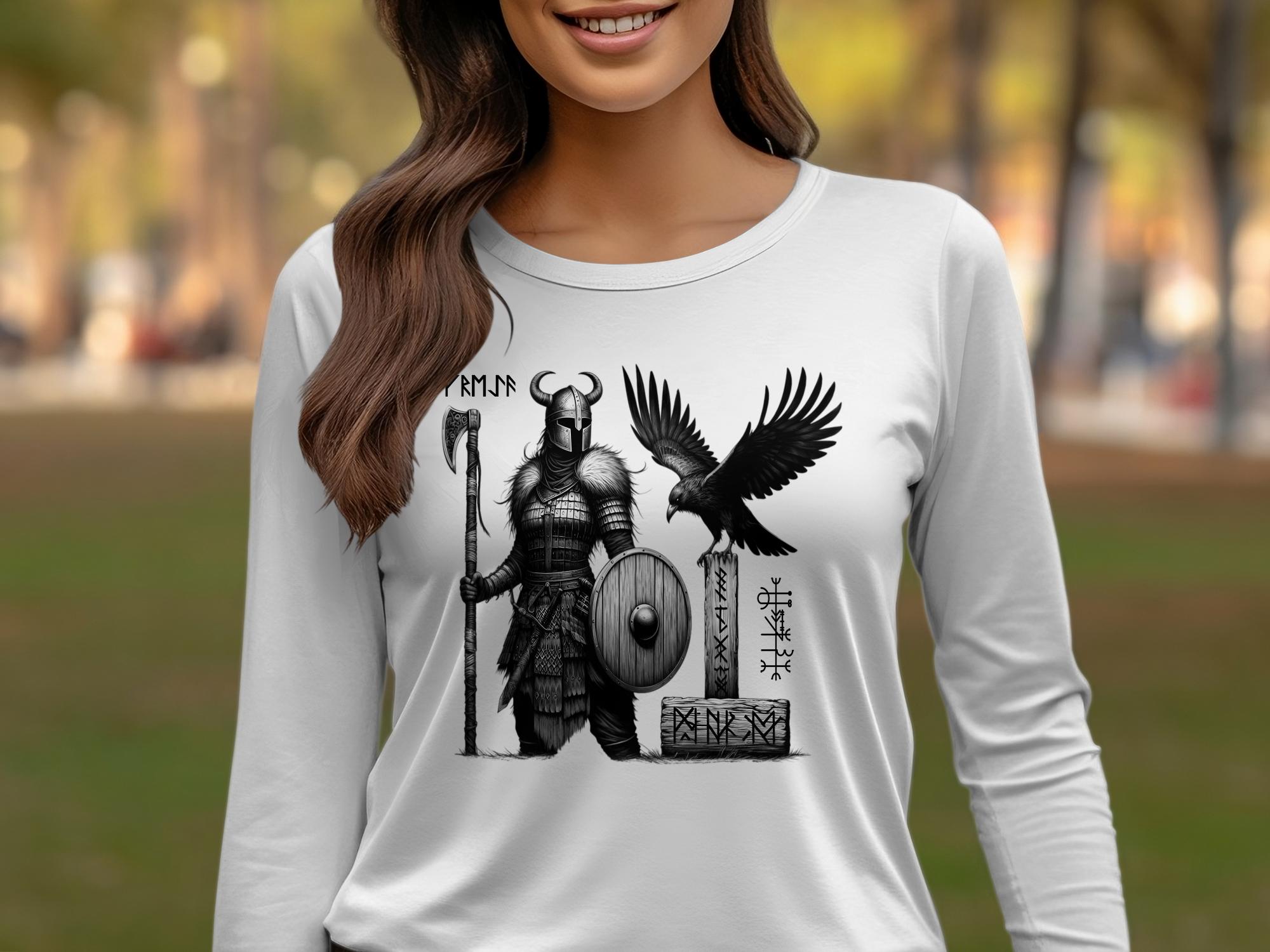 Viking Shield Maiden - Coloured Gildan Long Sleeve Realistic Norse Talisman Men Women Unisex Valhalla Tee Graphic Design