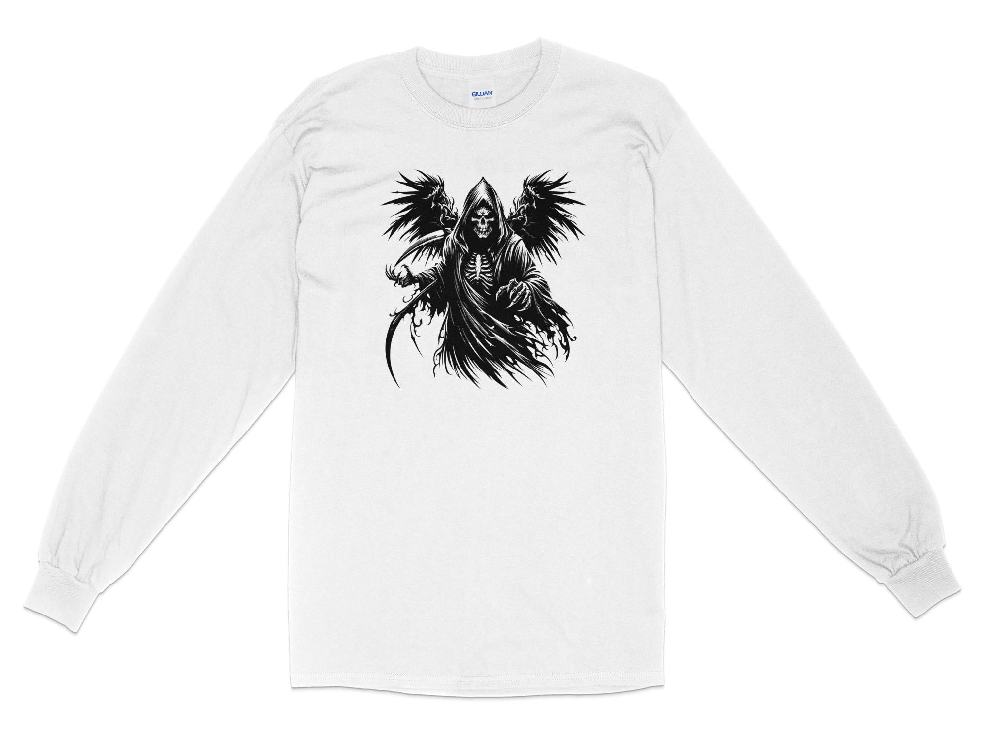 Grim Reaper - Black White Gildan Long Sleeve Commemorative Talisman Unisex Tee Graphic Design