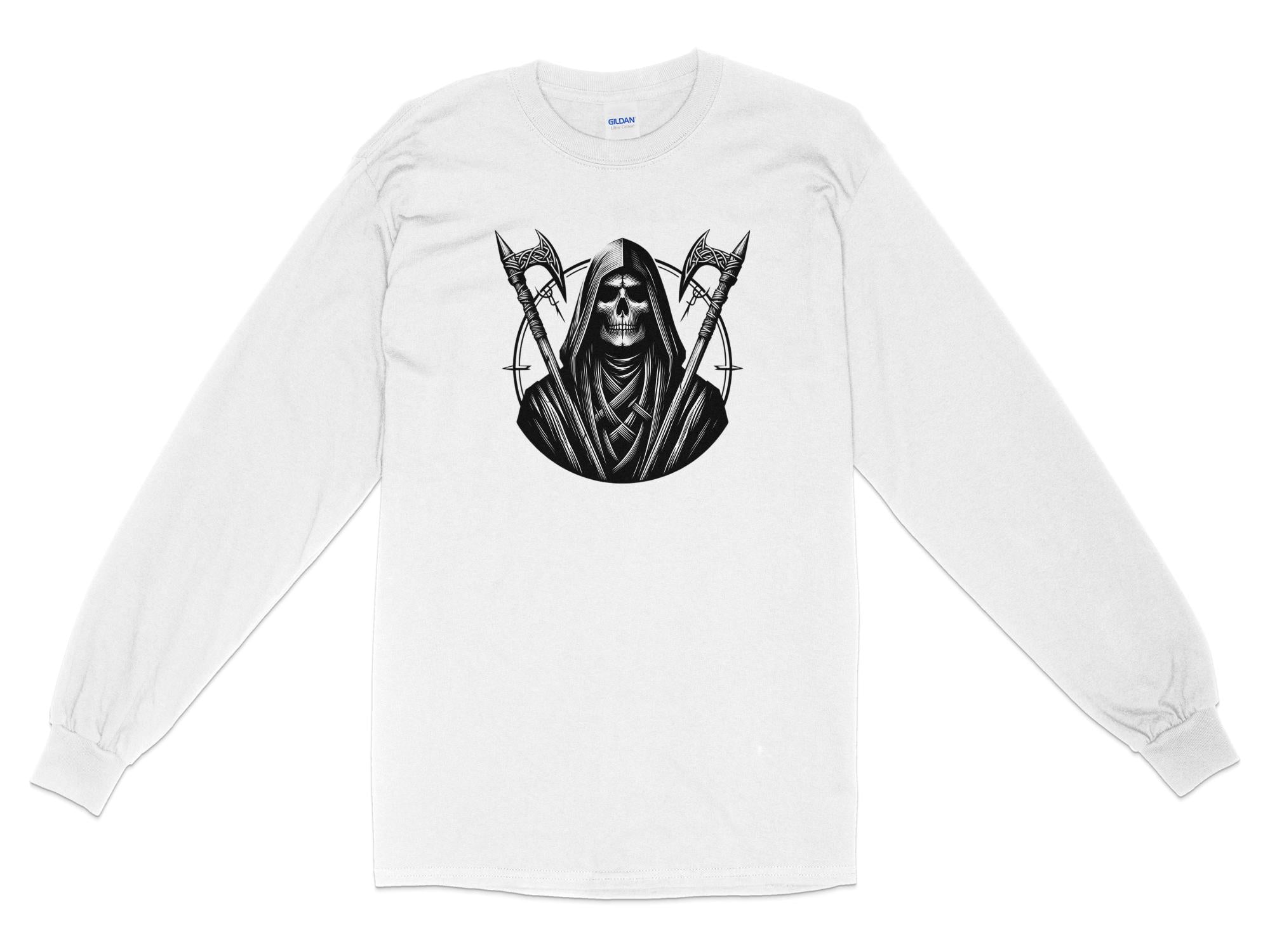 Grim Reaper - Black White Gildan Long Sleeve Commemorative Talisman Unisex Tee Graphic Design