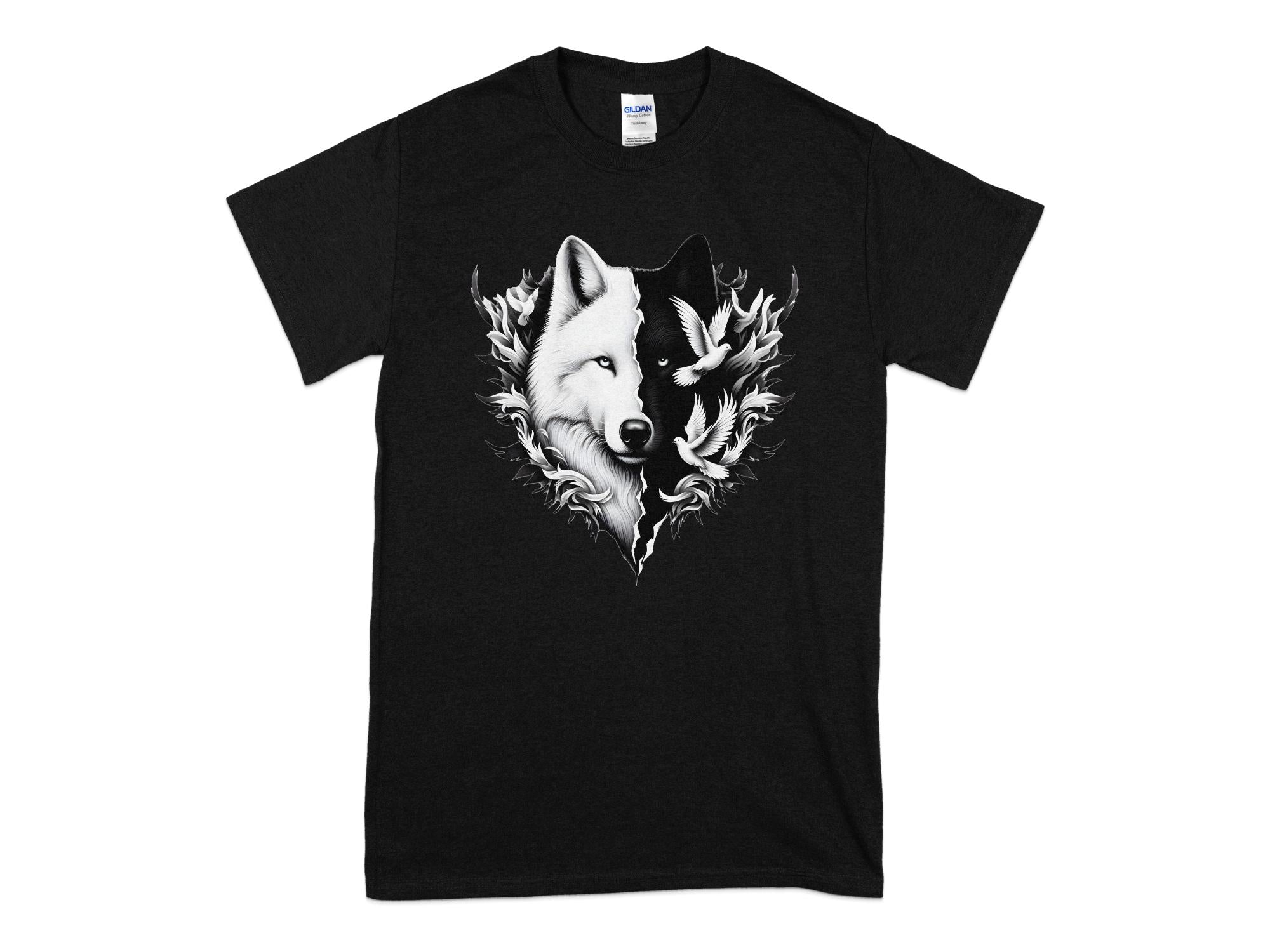 Wolf x Doves - Black White Gildan T-Shirt Realistic Animal Talisman Unisex Tee Graphic Design