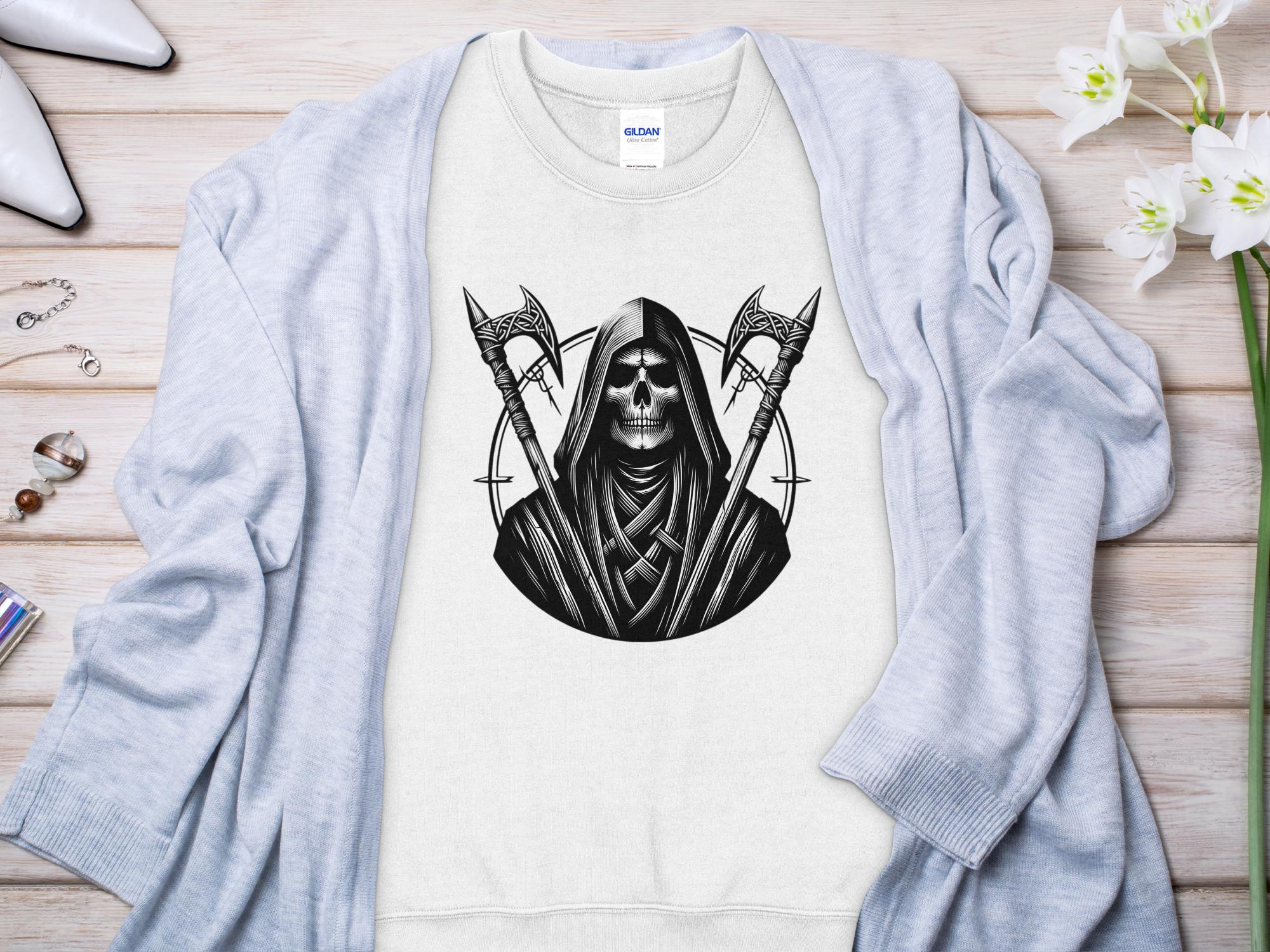 Grim Reaper - Black White Gildan Sweatshirt Commemorative Talisman Unisex Tee Graphic Design