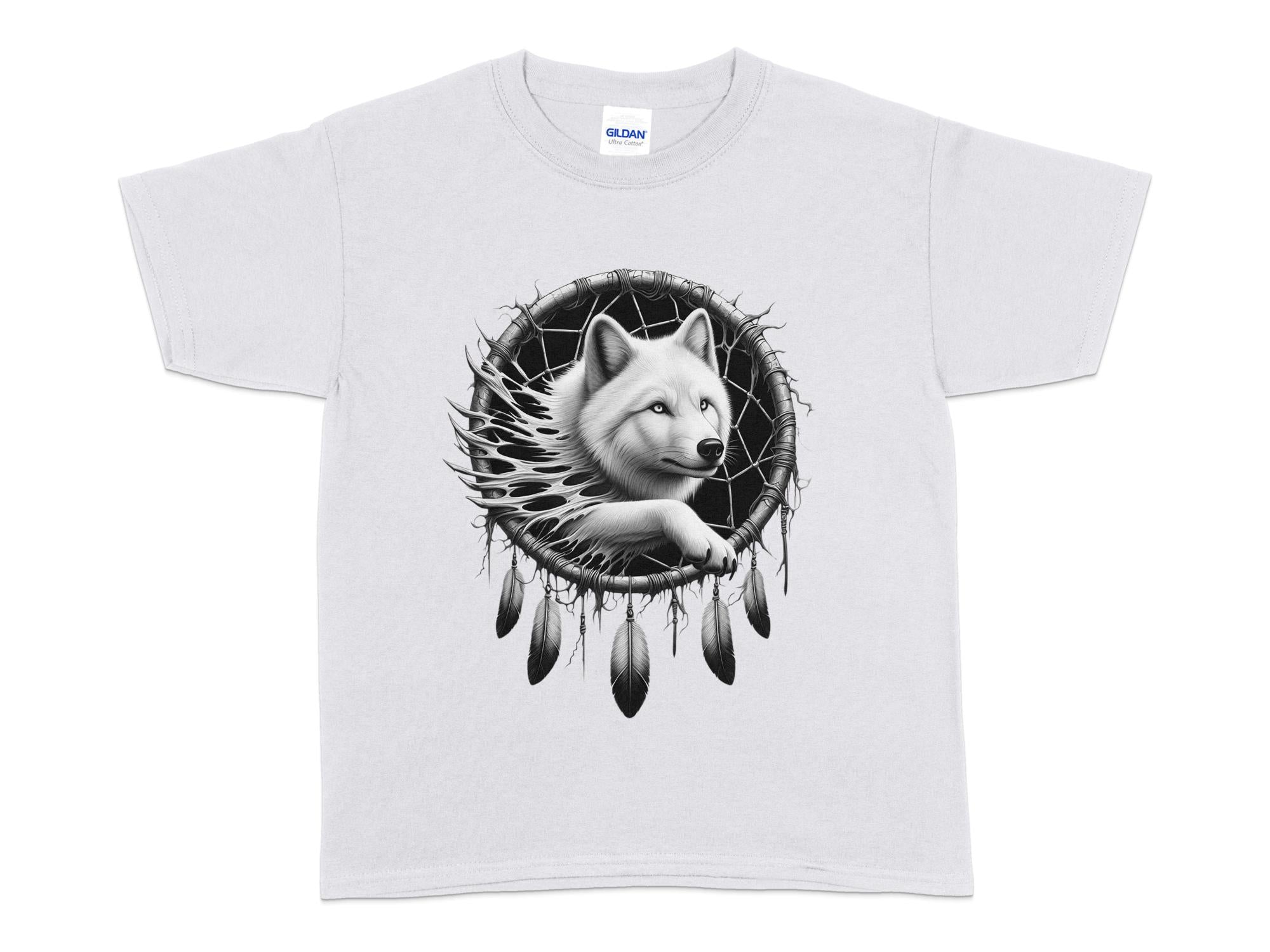 Dreamcatcher Wolf - Coloured Gildan Kids T-Shirt Realistic Native American Talisman Unisex Mythology Tee Graphic Design