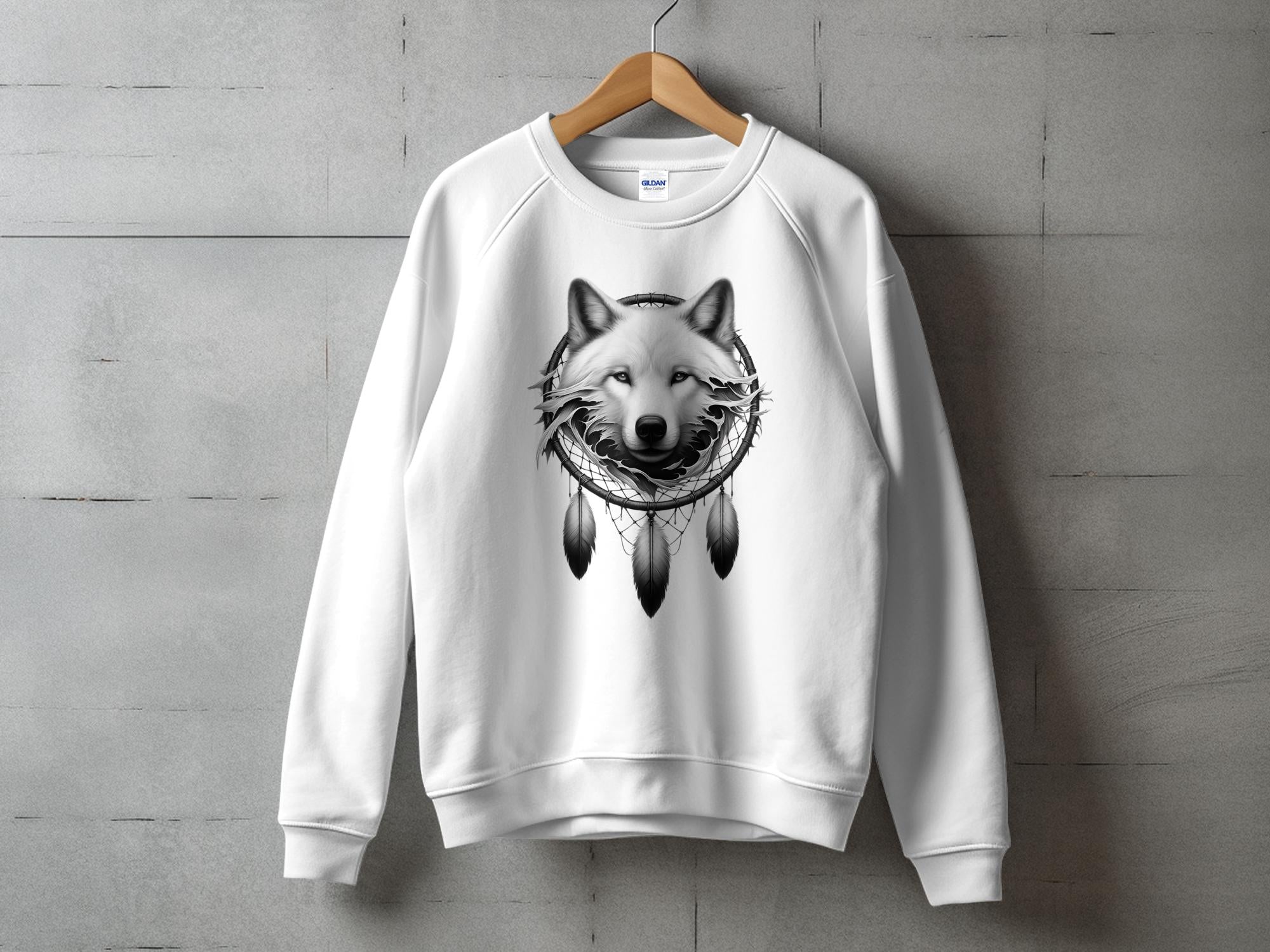 Dreamcatcher Wolf - Coloured Gildan Sweatshirt Realistic Native American Talisman Unisex Mythology Tee Graphic Design