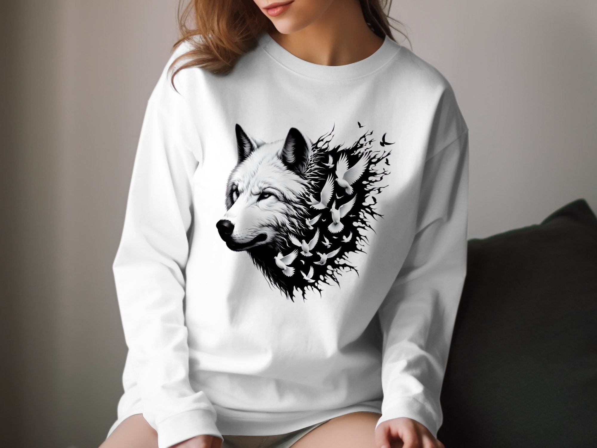 Wolf x Doves - Black White Gildan Long Sleeve Realistic Animal Talisman Unisex Tee Graphic Design