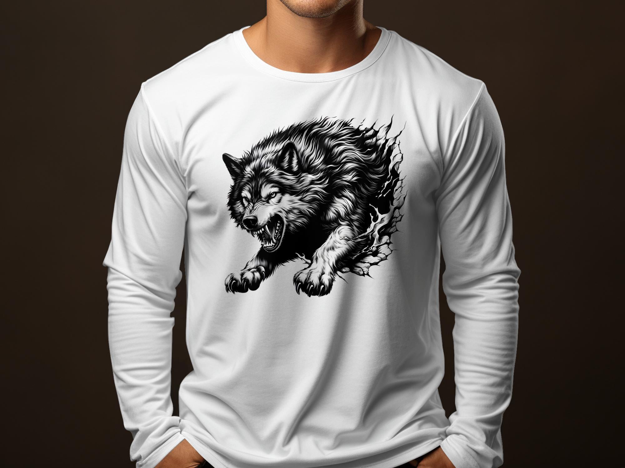 Wolf Tribal - Black White Gildan Long Sleeve Realistic Animal Talisman Unisex Tee Graphic Design