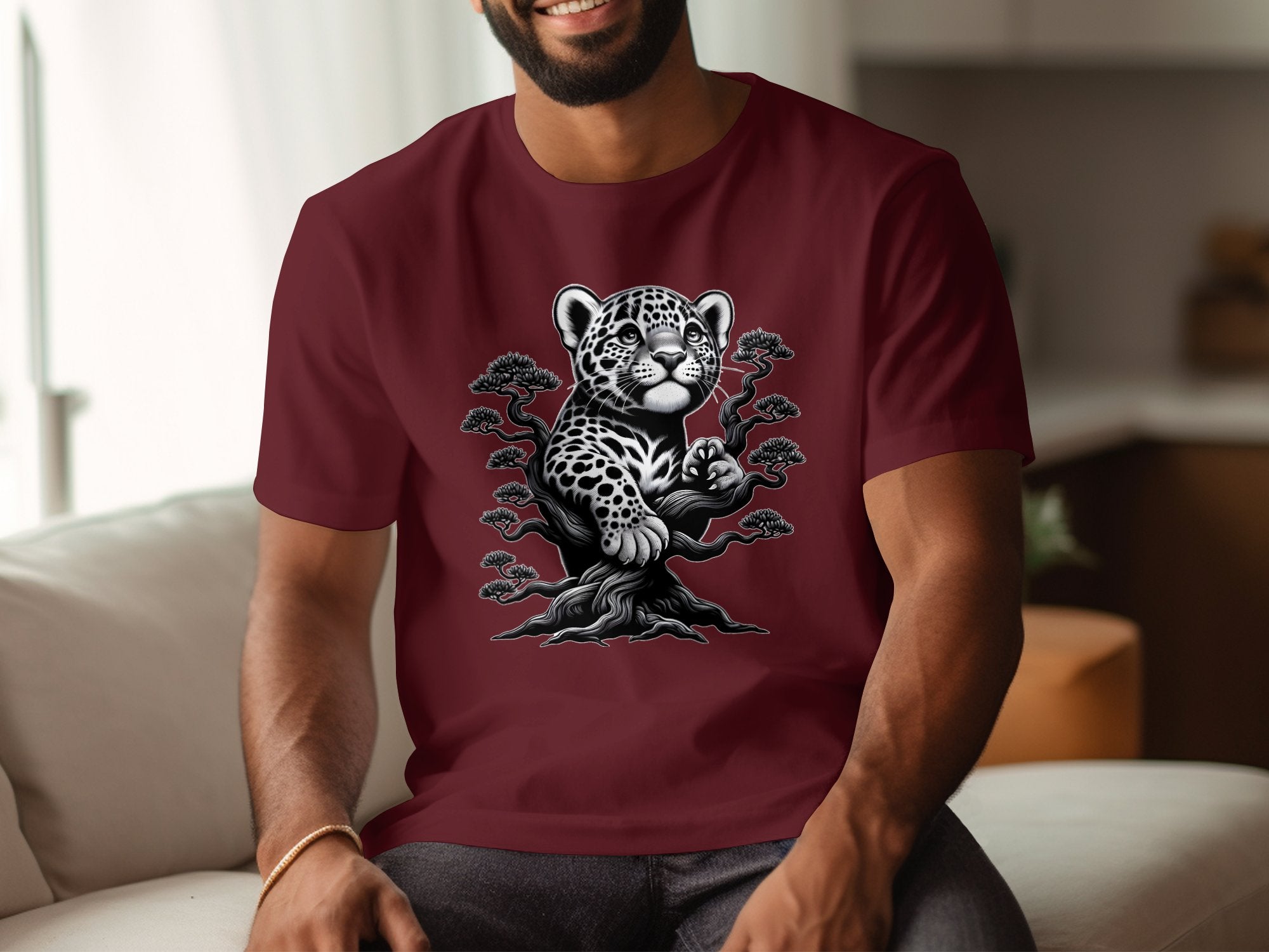 Leopard Bonsai - Coloured Gildan T-Shirt Realistic Animal Talisman Unisex Cute Tee Graphic Design