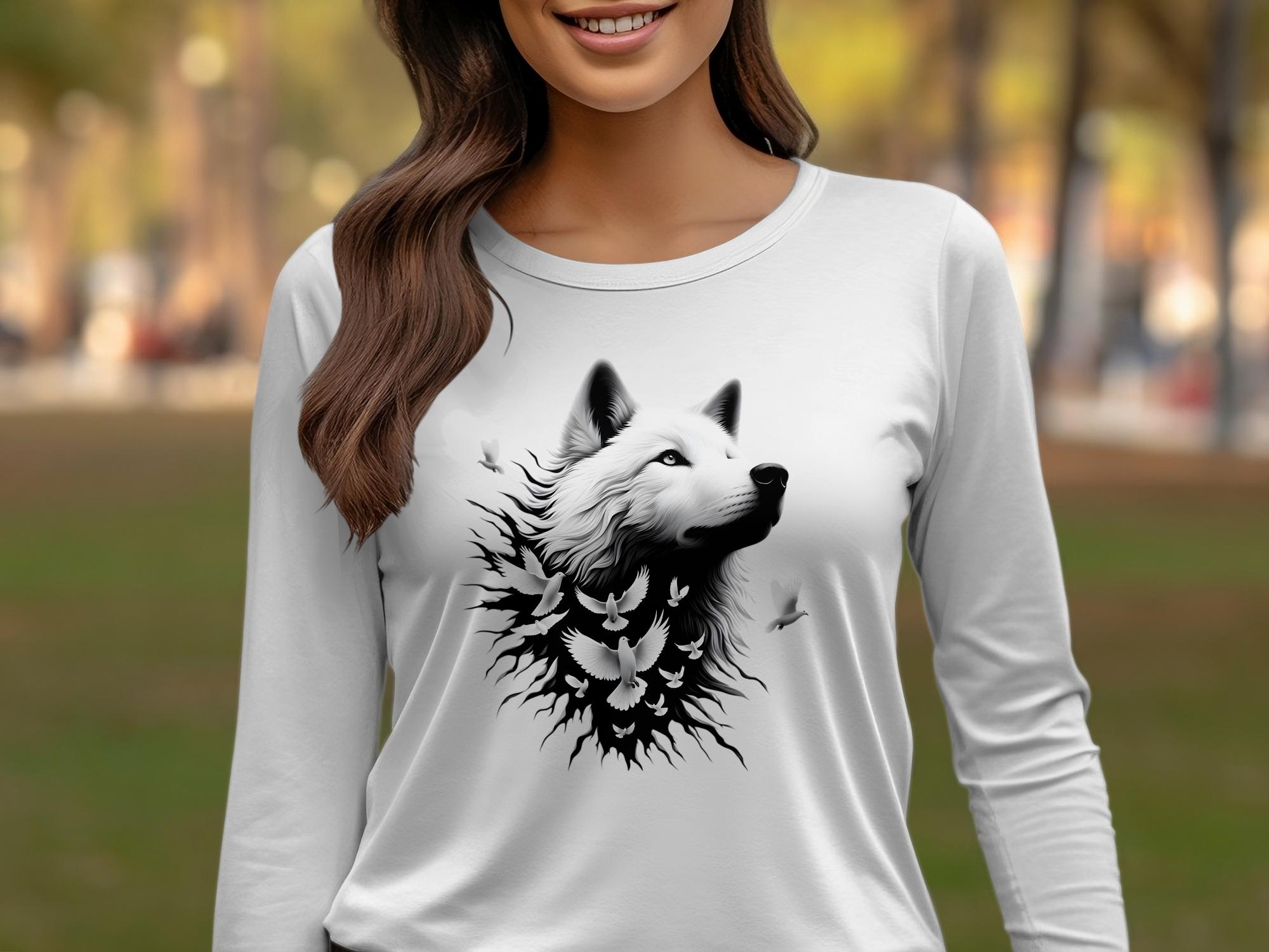 Wolf x Doves - Black White Gildan Long Sleeve Realistic Animal Talisman Unisex Tee Graphic Design