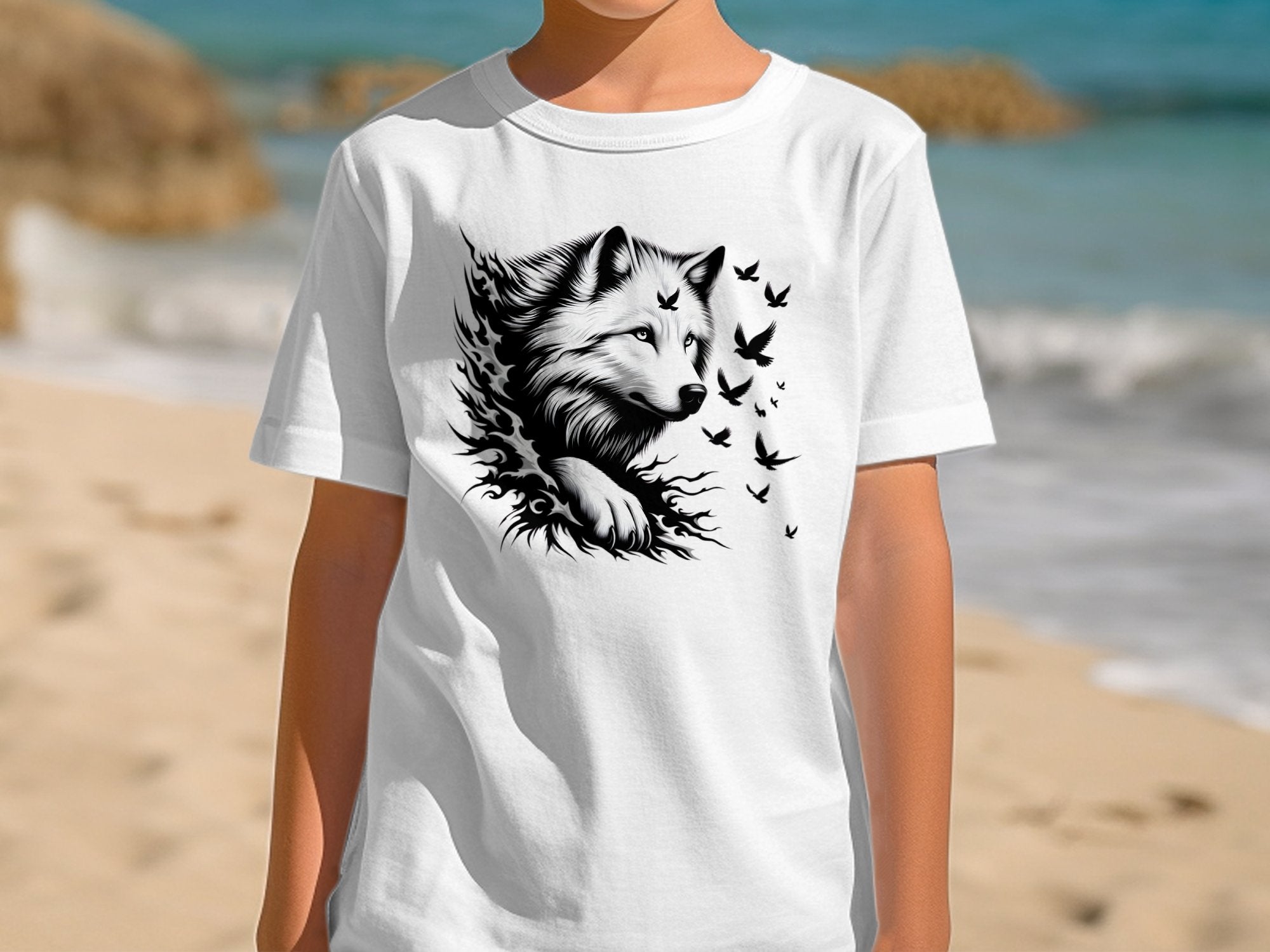 Wolf x Doves - Black White Gildan Kids T-Shirt Realistic Animal Talisman Unisex Tee Graphic Design