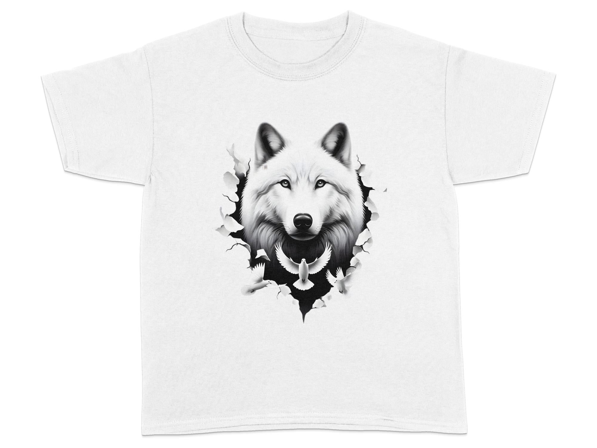 Wolf x Doves - Black White Gildan Kids T-Shirt Realistic Animal Talisman Unisex Tee Graphic Design