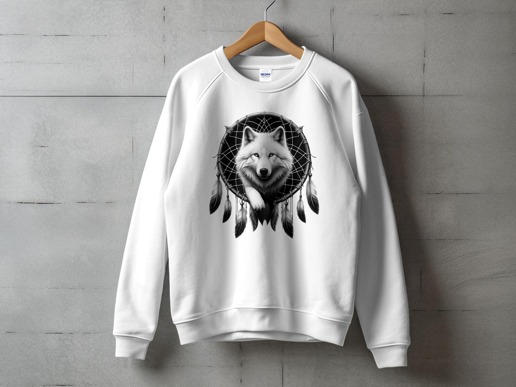 Dreamcatcher Wolf - Coloured Gildan Sweatshirt Realistic Native American Talisman Unisex Mythology Tee Graphic Design