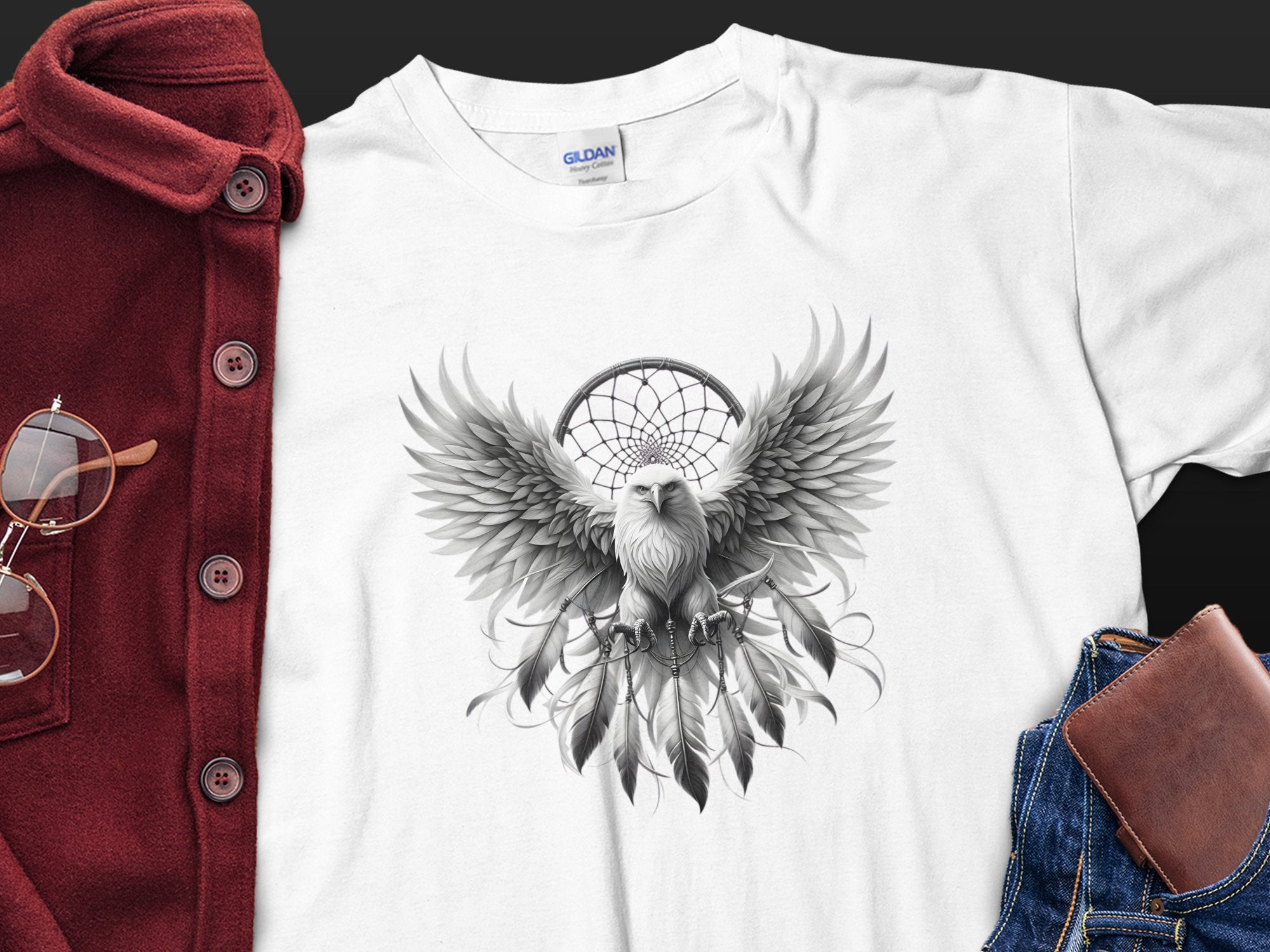 Dreamcatcher Eagle - Coloured Gildan T-Shirt Realistic Native American Talisman Unisex Mythology Tee Graphic Design