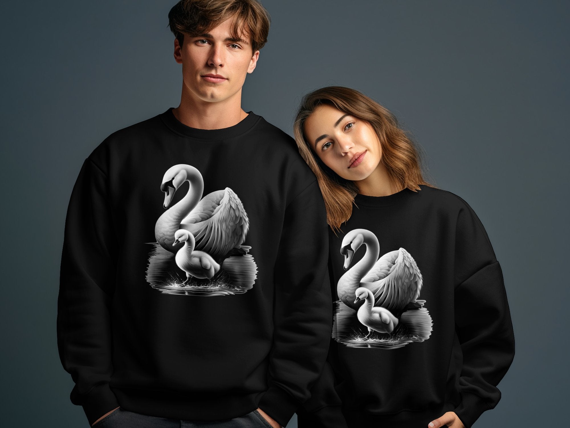 Swan & Cygnet- Black White Gildan Sweatshirt Realistic Family Talisman Unisex Tee Graphic Design