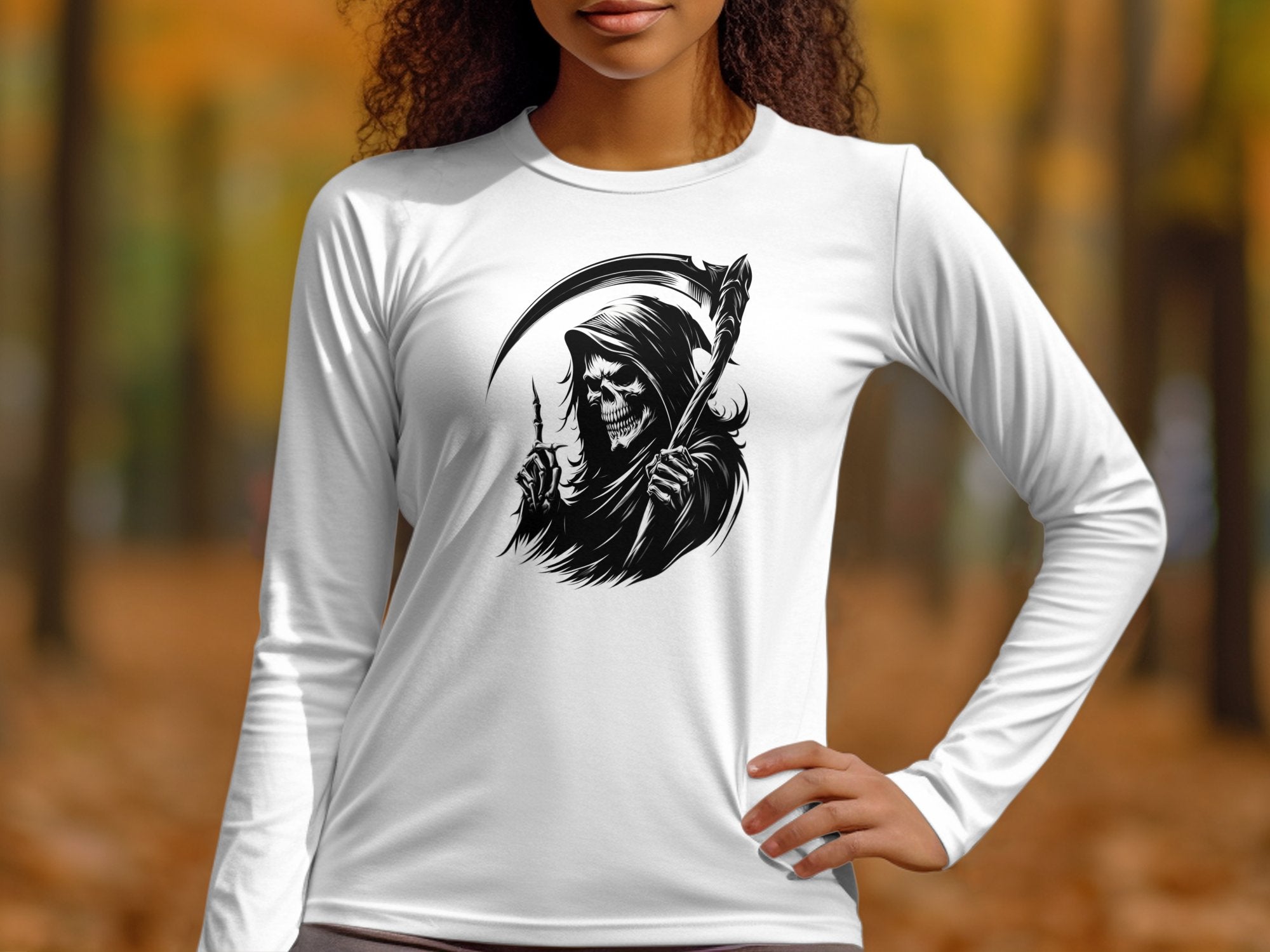 Grim Reaper - Black White Gildan Long Sleeve Commemorative Talisman Unisex Tee Graphic Design