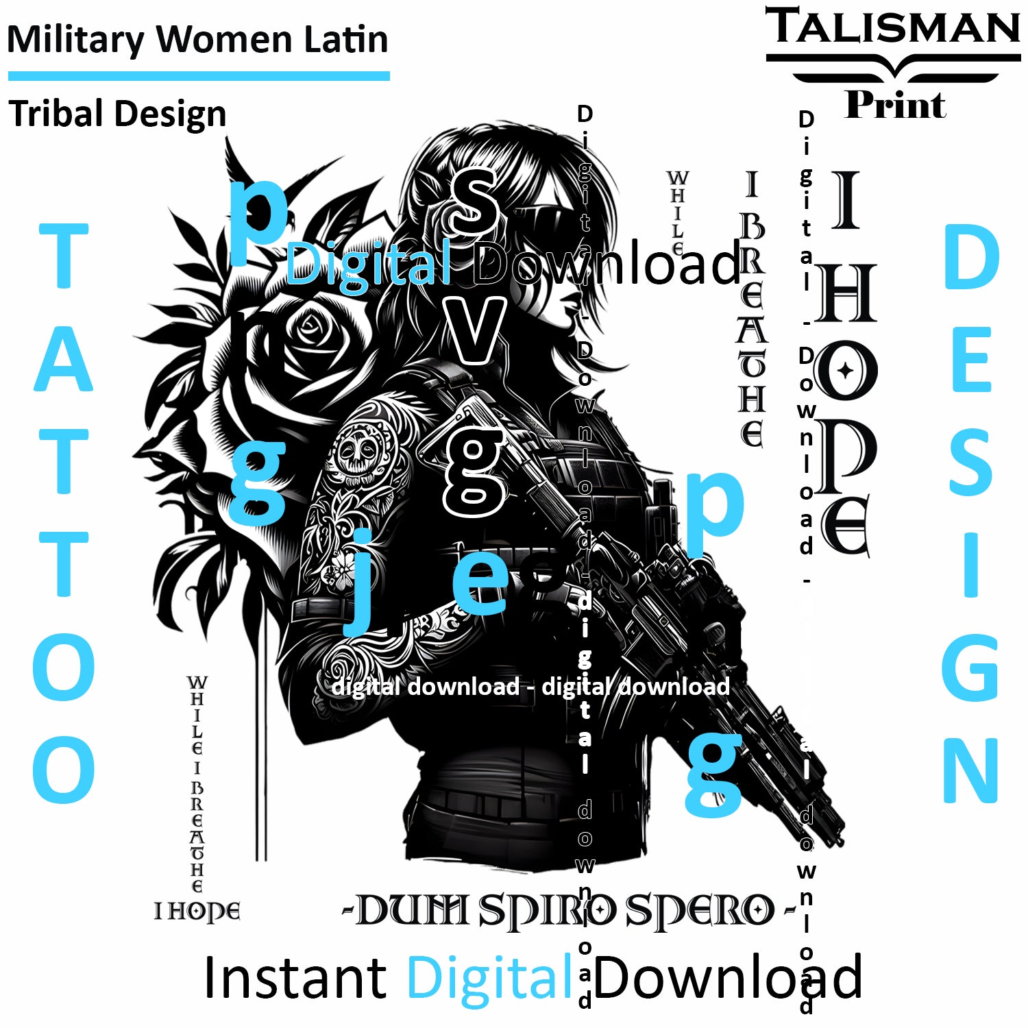 Military Woman Latin - Digital Art Collection | PNG, JPEG & SVG | Instant Tattoo Download