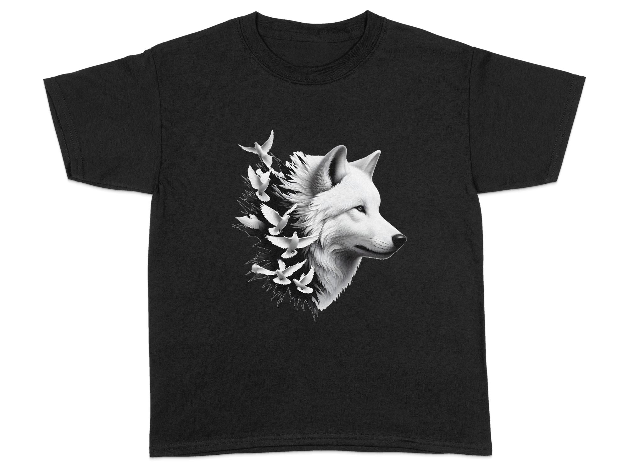 Wolf x Doves - Black White Gildan Kids T-Shirt Realistic Animal Talisman Unisex Tee Graphic Design