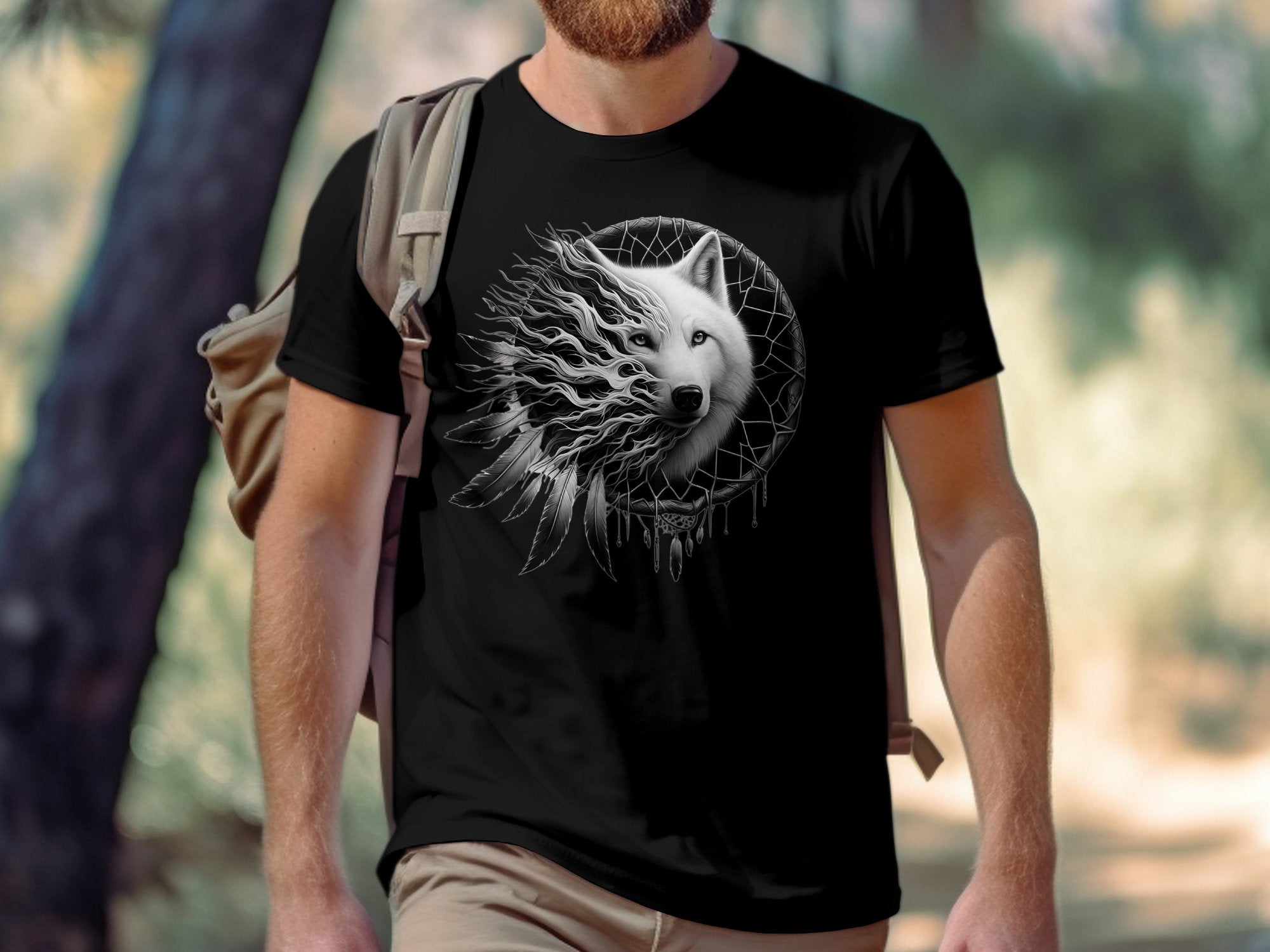 Dreamcatcher Wolf - Coloured Gildan T-Shirt Realistic Native American Talisman Unisex Mythology Tee Graphic Design