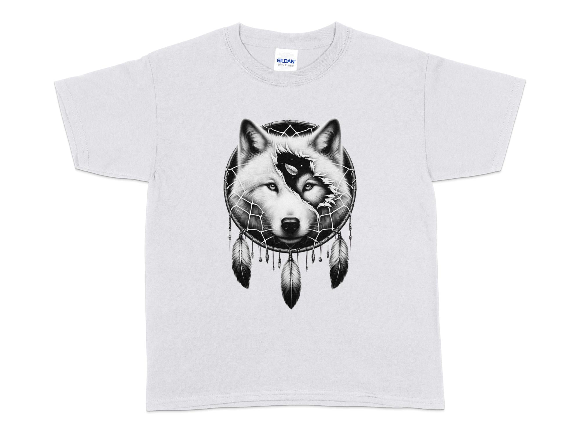 Dreamcatcher Wolf - Coloured Gildan Kids T-Shirt Realistic Native American Talisman Unisex Mythology Tee Graphic Design