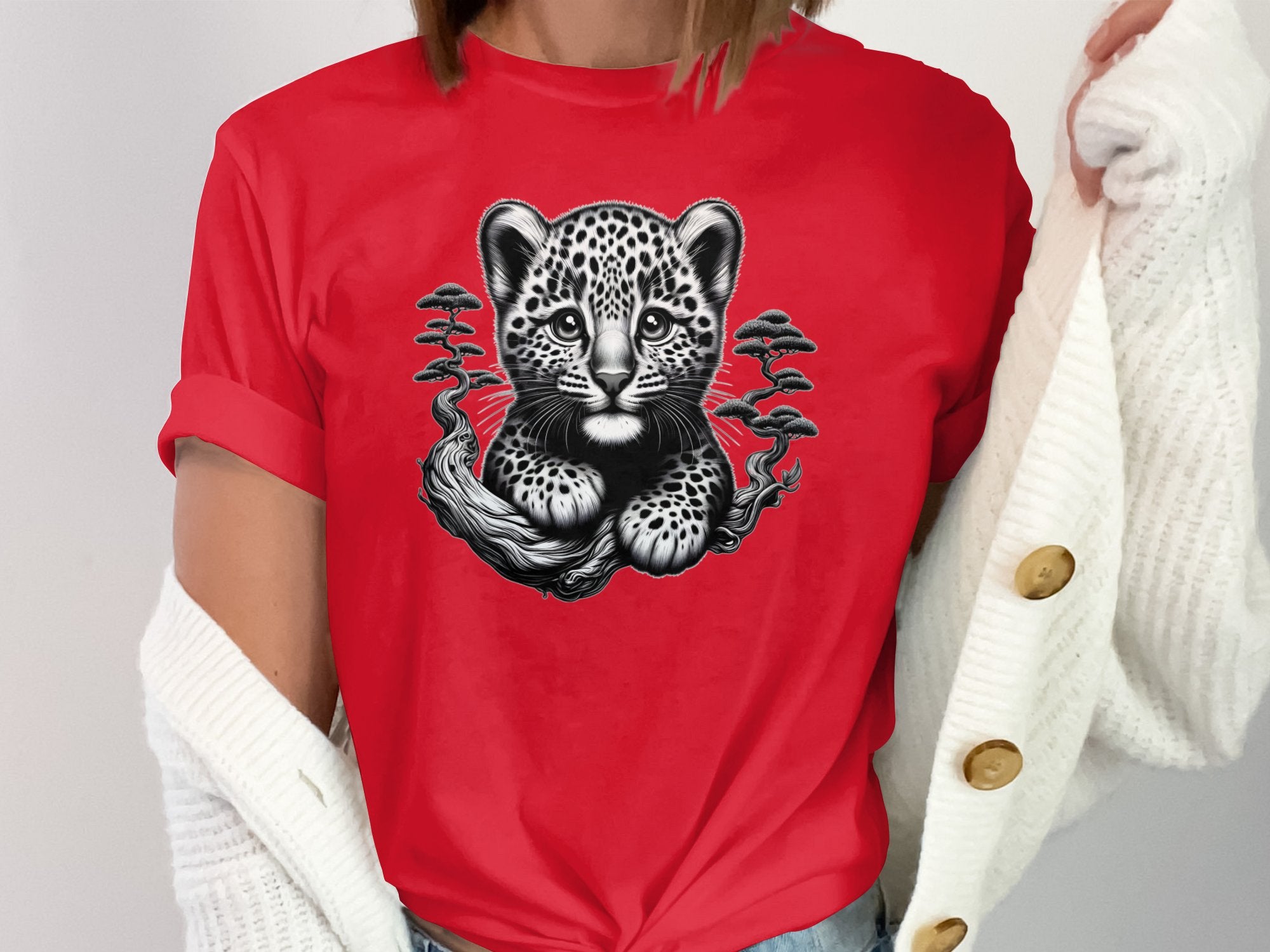 Leopard Bonsai - Coloured Gildan T-Shirt Realistic Animal Talisman Unisex Cute Tee Graphic Design