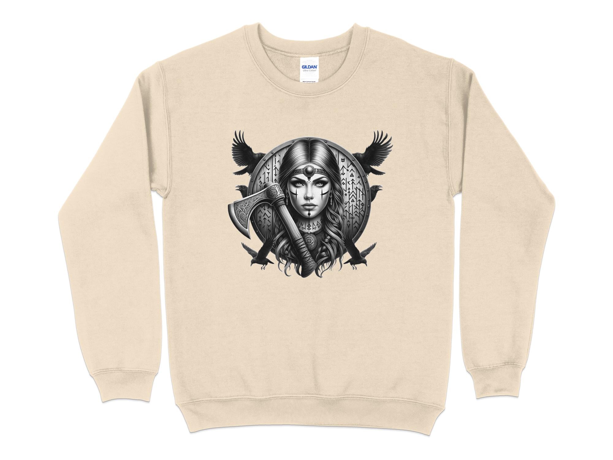 Viking Shield Maiden - Coloured Gildan Sweatshirt Realistic Norse Talisman Men Women Unisex Valhalla Tee Graphic Design