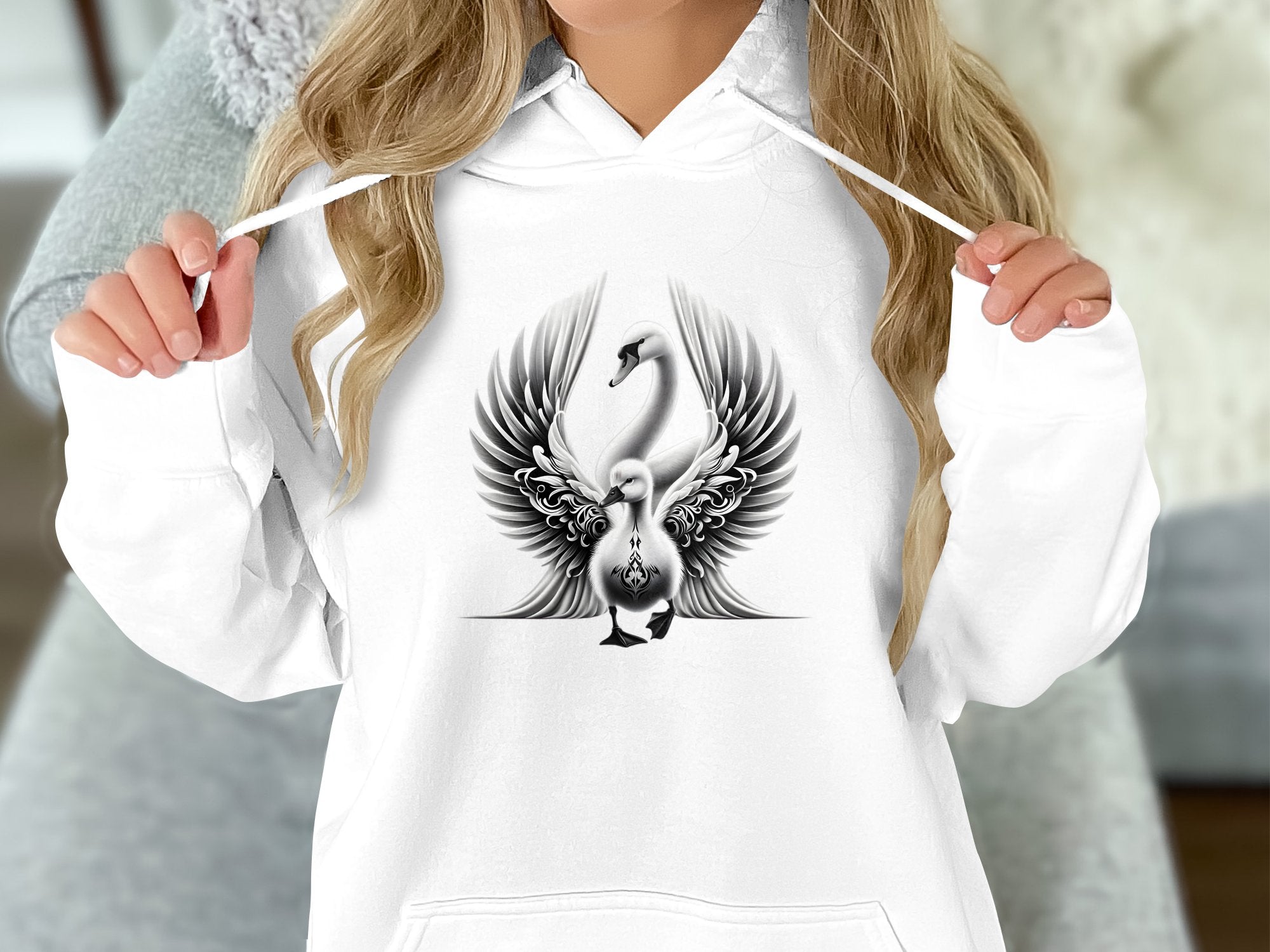 Swan & Cygnet- Black White Gildan Hoodie Realistic Family Talisman Unisex Tee Graphic Design