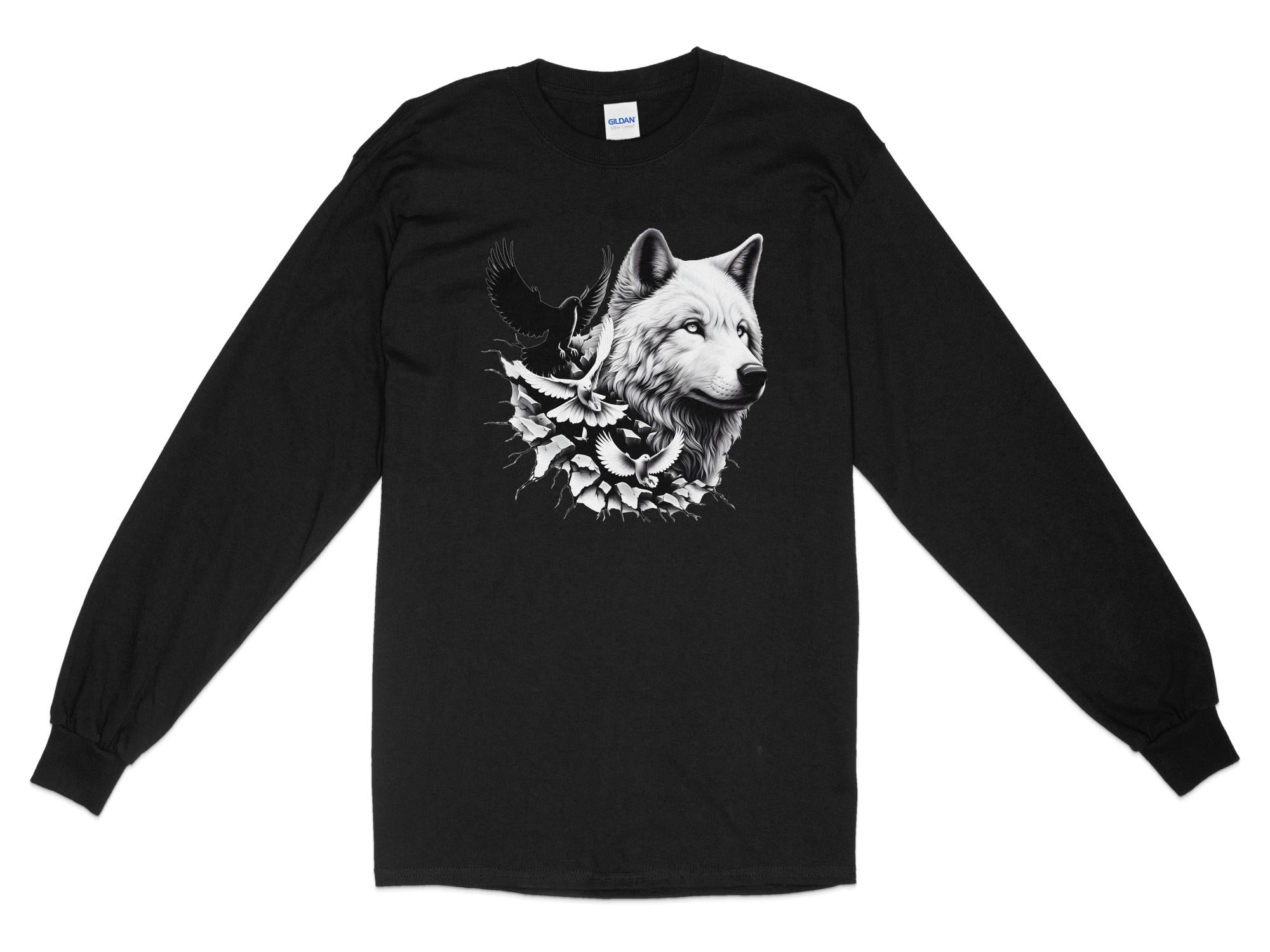 Wolf x Doves - Black White Gildan Long Sleeve Realistic Animal Talisman Unisex Tee Graphic Design