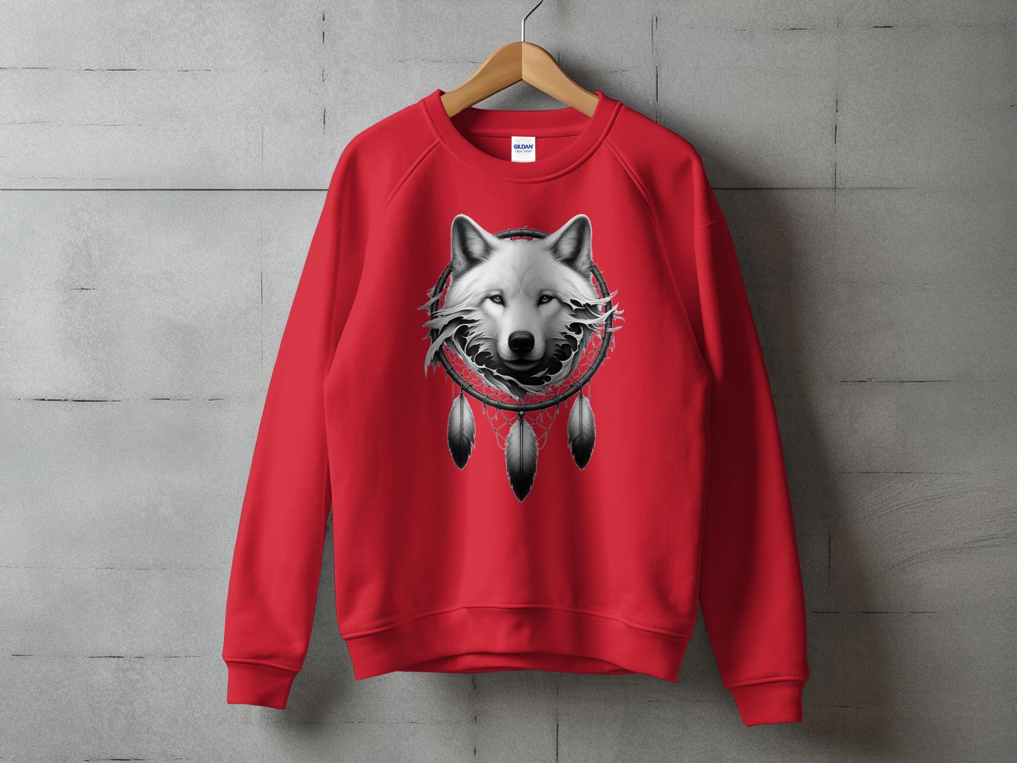 Dreamcatcher Wolf - Coloured Gildan Sweatshirt Realistic Native American Talisman Unisex Mythology Tee Graphic Design