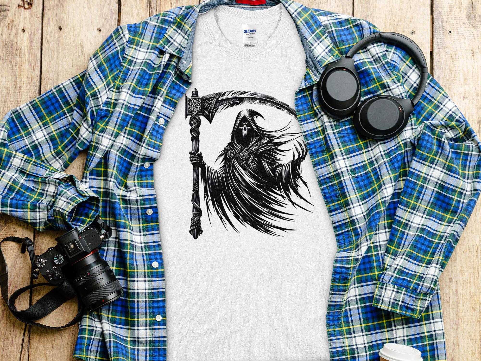 Grim Reaper - Black White Gildan T-Shirt Commemorative Talisman Unisex Tee Graphic Design