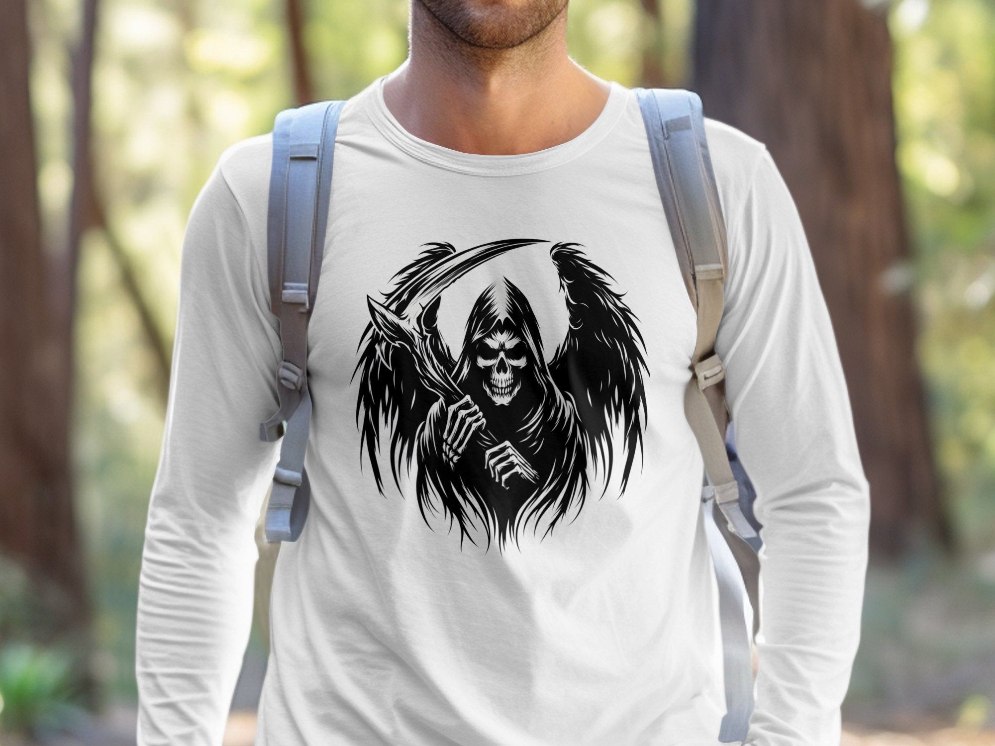 Grim Reaper - Black White Gildan Long Sleeve Commemorative Talisman Unisex Tee Graphic Design