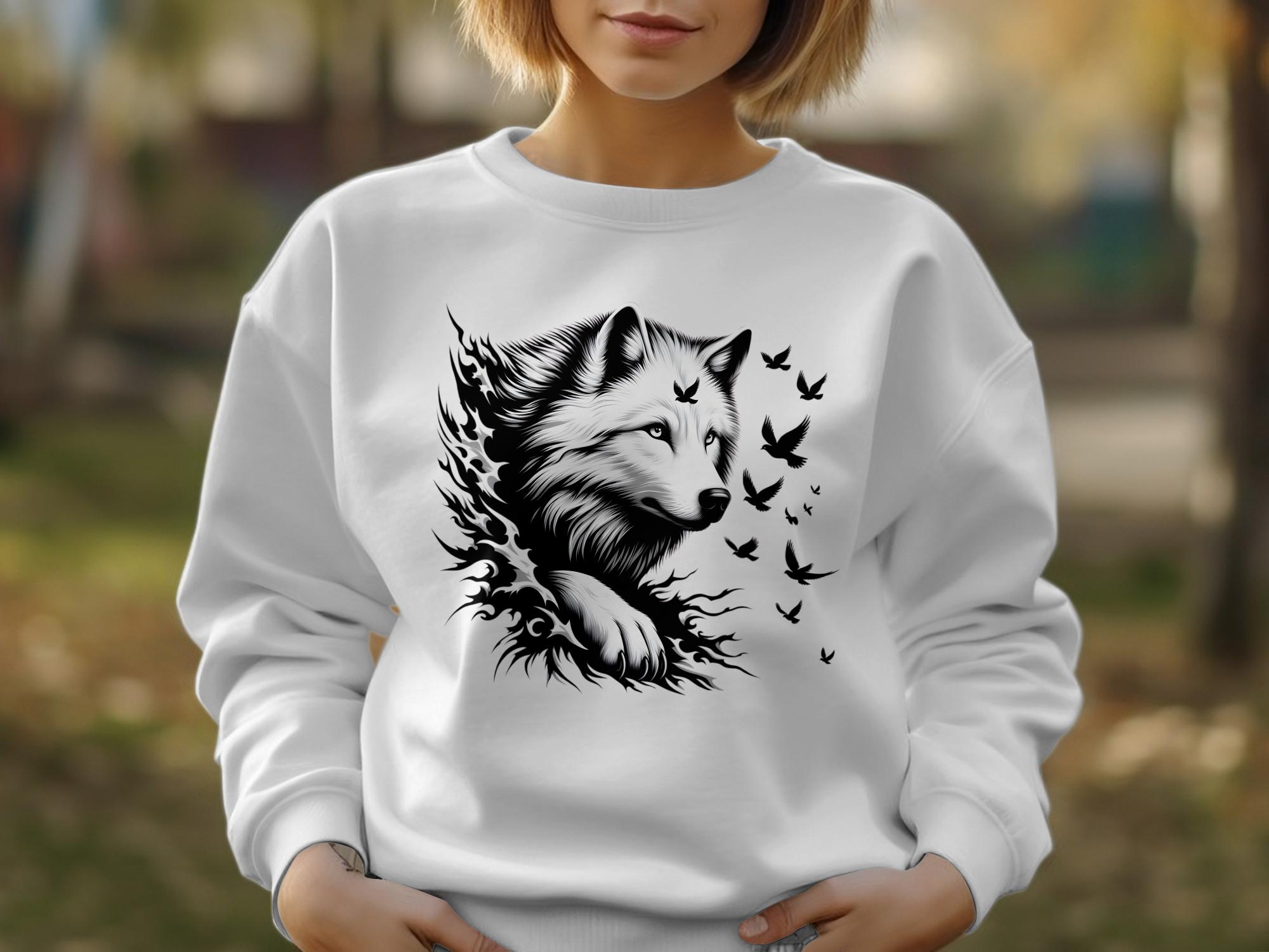 Wolf x Doves - Black White Gildan Sweatshirt Realistic Animal Talisman Unisex Tee Graphic Design