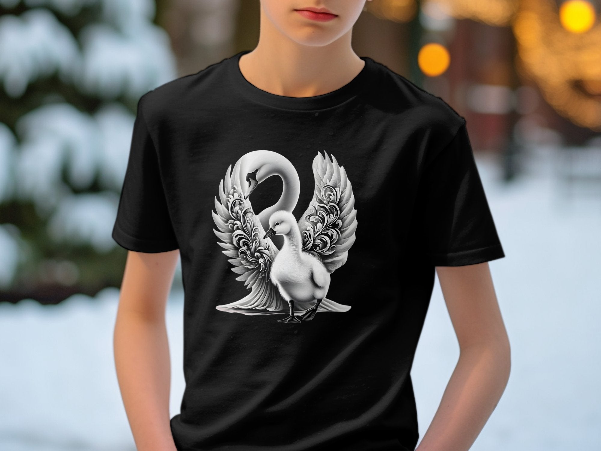 Swan & Cygnet- Black White Gildan Kids T-Shirt Realistic Family Talisman Unisex Tee Graphic Design